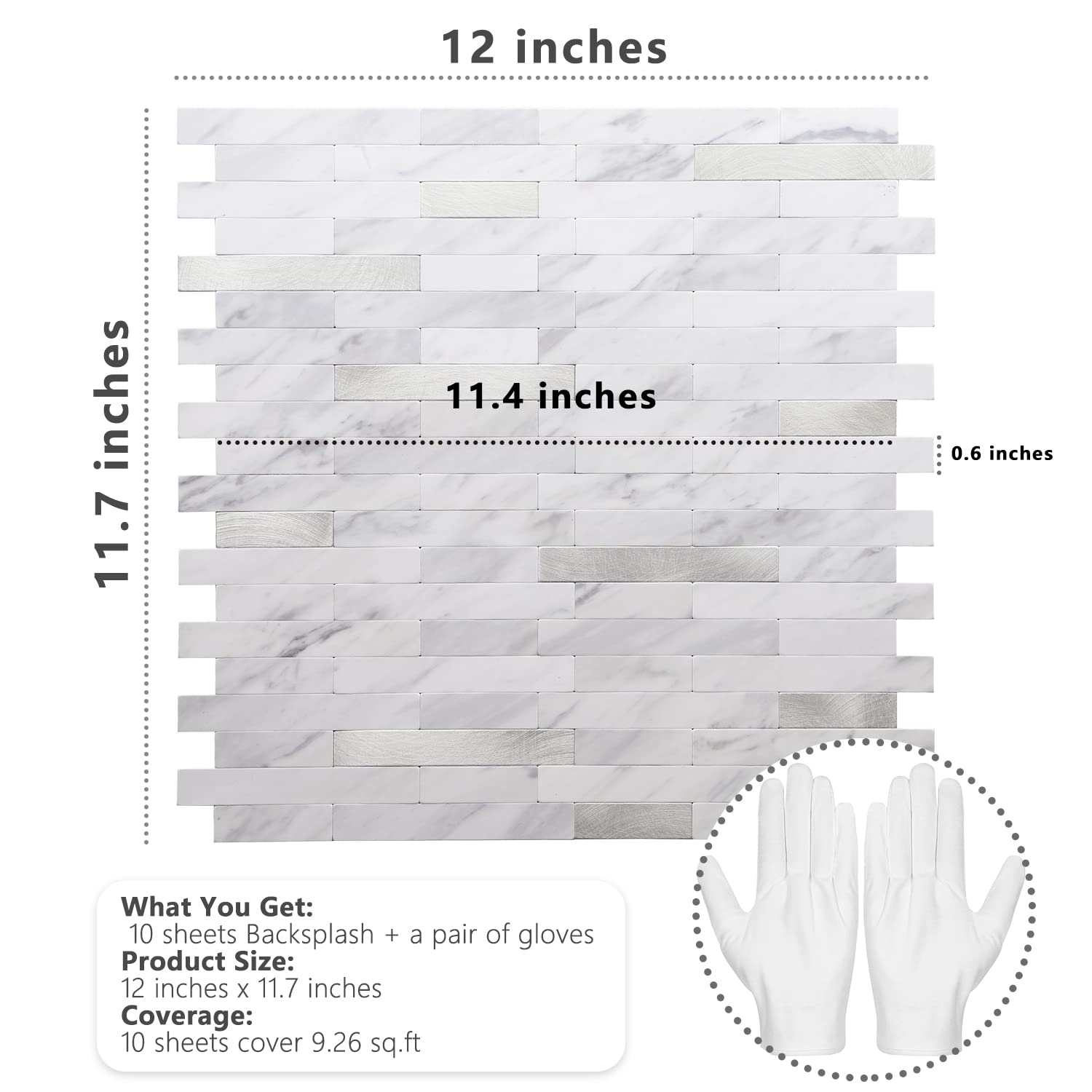 STICKGOO 10 Sheets Peel and Stick Backsplash, PVC Wall Tiles Stick on Backsplash for Kitchen - White Marble with Metal Silver