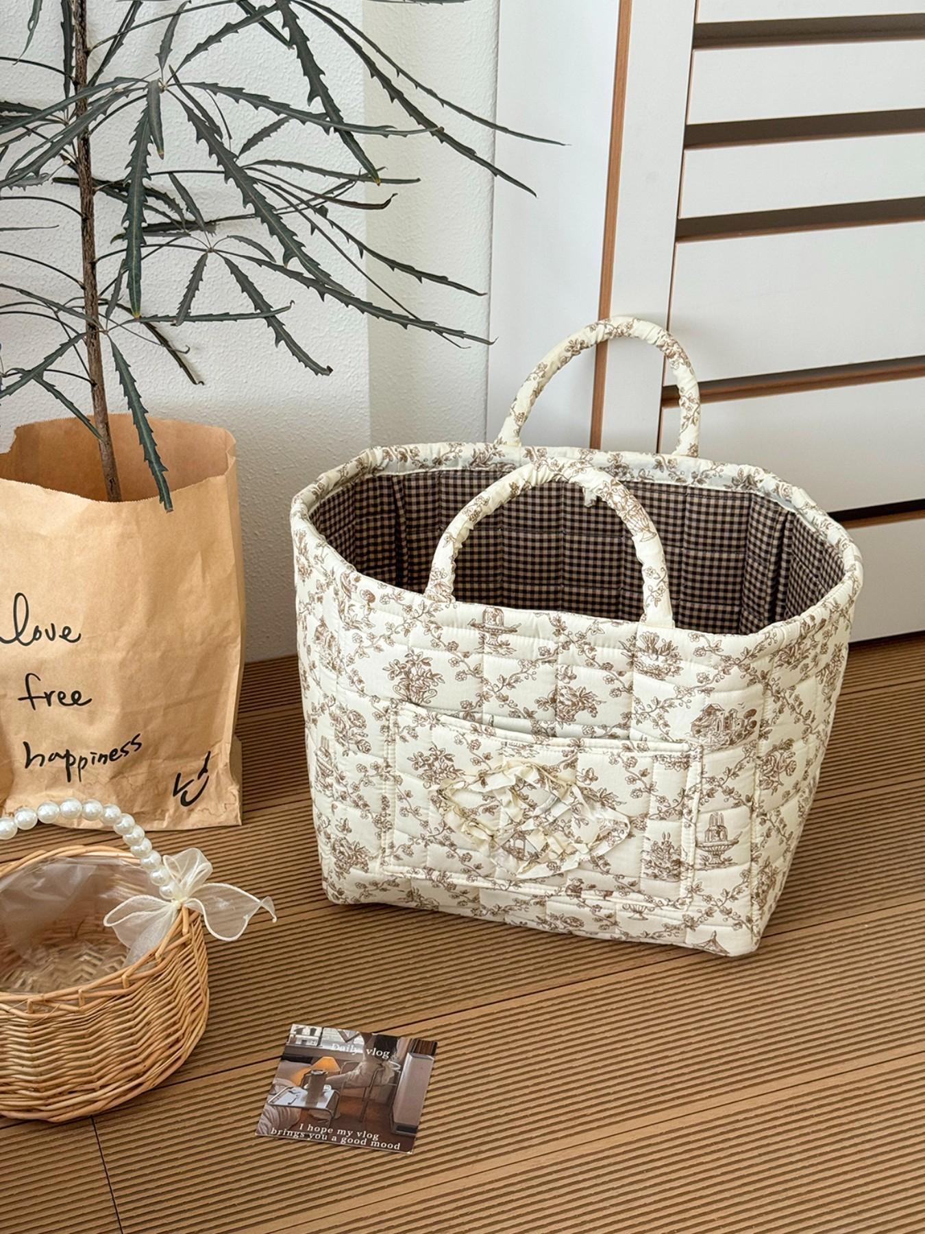 Vintage French Woven Large Print Storage Basket, Dual-Sided Plaid Lining, Home Dirty Clothes Cosmetics Organizer, Retro Style, Laundry Storage
