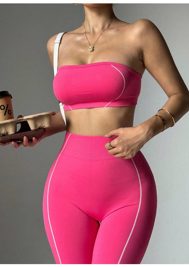 New yoga outfit for women, color-blocked bustier top, peach butt slim-fit long pants, fitness sportswear