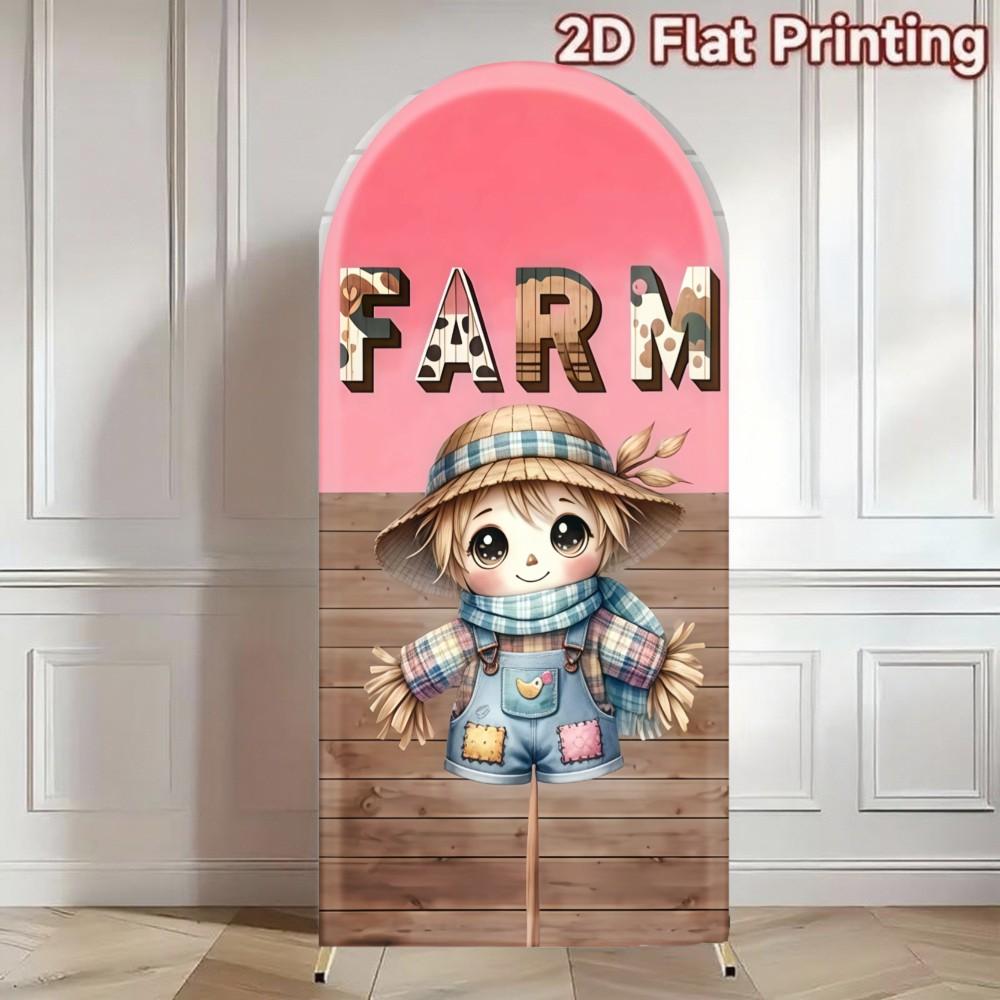 Scarecrow Pink Barn Arch Covers Stretchy Backdrop – Rustic Wood Farm Design, Perfect for Girls’ Farm Theme Birthday & Barnyard Party Photo Backdrop