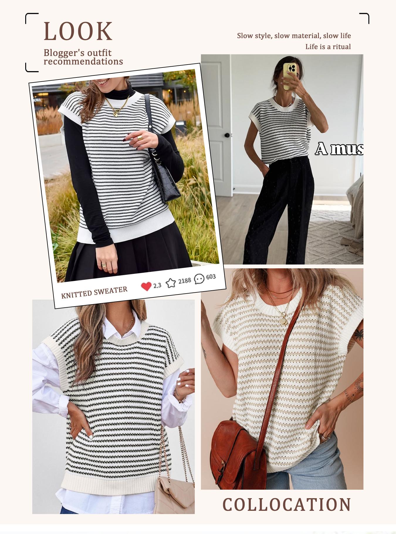 Women's Striped Knitted Vest Top, Round Neck Cap Sleeve Casual Loose Fit, Elegant Summer Fashion, Versatile Women's Knitwear