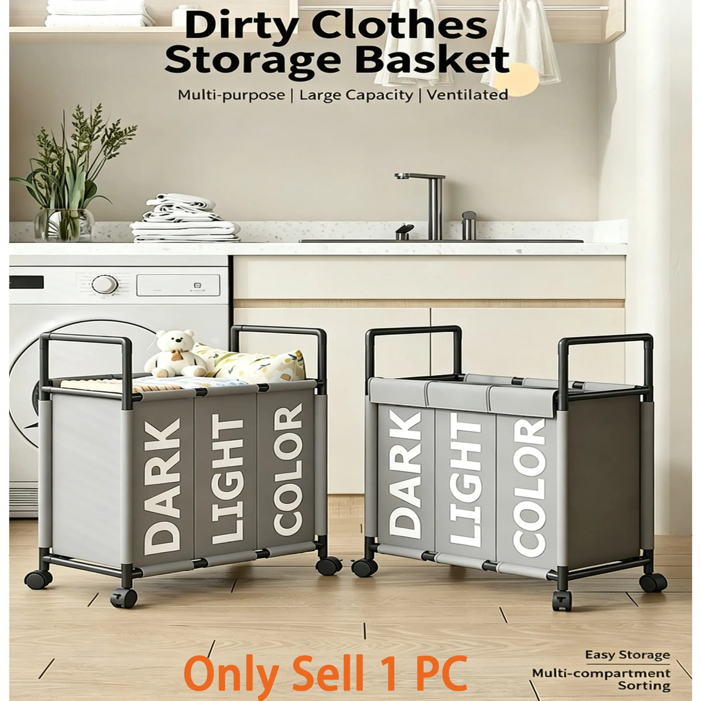 Portable Laundry Basket with Wheels, Three-Compartment Dirty Clothes Bin, Bathroom Storage Organizer, Mobile Trash Can with Handle