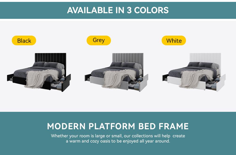 HOOMIC Platform Bed Frame with 4 Storage Drawers and Upholstered Headboard,Modern Bed with Horizontal/Vertical Stripes,No Box Spring Needed,Full/Queen/King Size,White/Grey/Black,#SummerVibes
