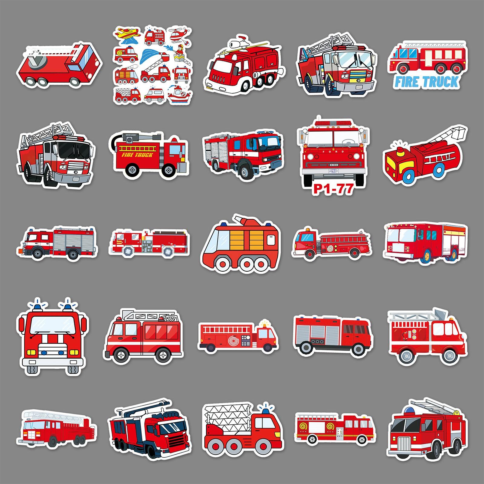 50 Fire Truck Graffiti Stickers, Cross-Border Cartoon Early Education Stickers, DIY Skateboard Luggage Stickers, Waterproof