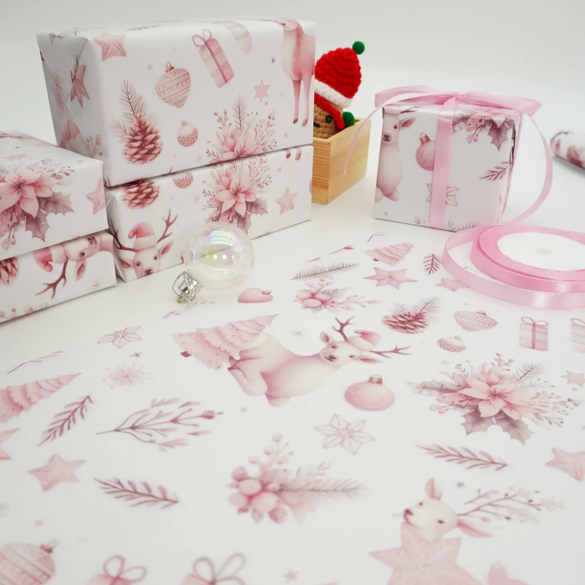 10 Pcs Pink Deer Pattern Copperplate Creative Gift Packaging Paper, Multipurpose Decorative Wrapping Paper for Bouquet, Clothing Packing, Gift Bag Filling, DIY Art Craft, Wedding Birthday Christmas Holiday Home & Party Decor