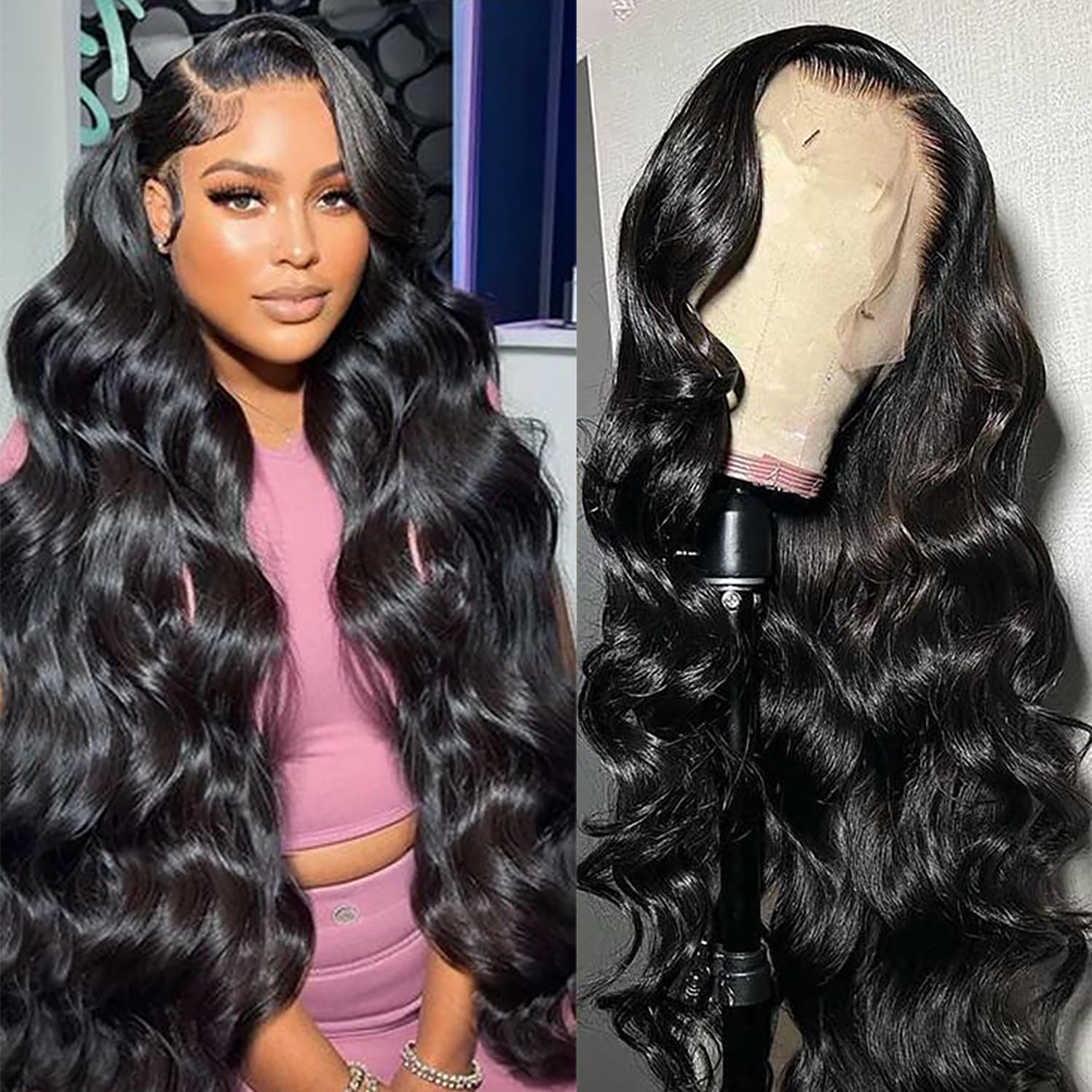13x6 Lace Front Wigs Human Hair Body Wave 180% Density Pre Plucked 13x6 Transparent Lace Frontal Wigs Human Hair with Baby Hair Natural Black
