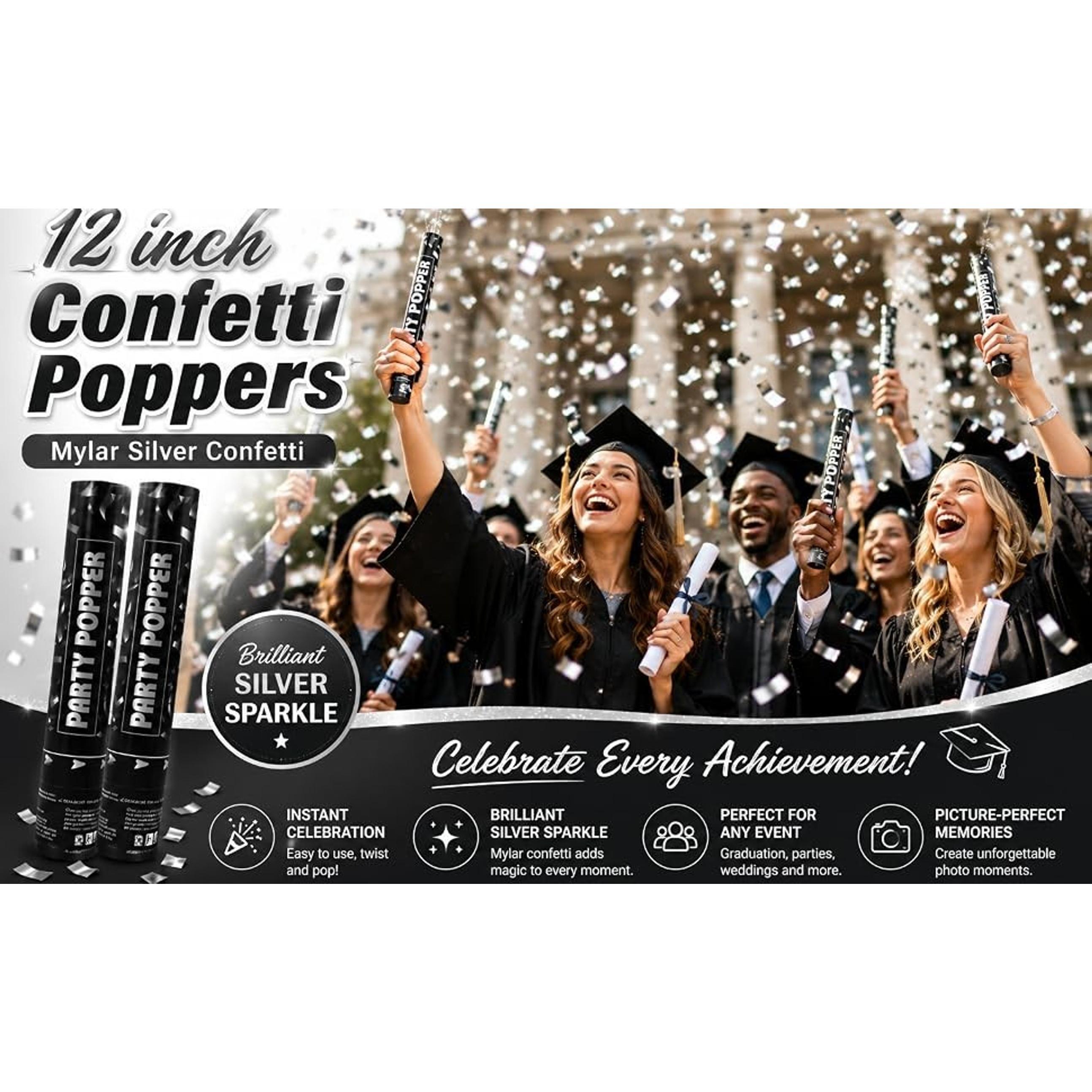 Silver Confetti Poppers 12 Inch Party Cannon 2 Pack Foil Confetti for Wedding Birthday Graduation New Year’s Eve Decorations & Photo Props