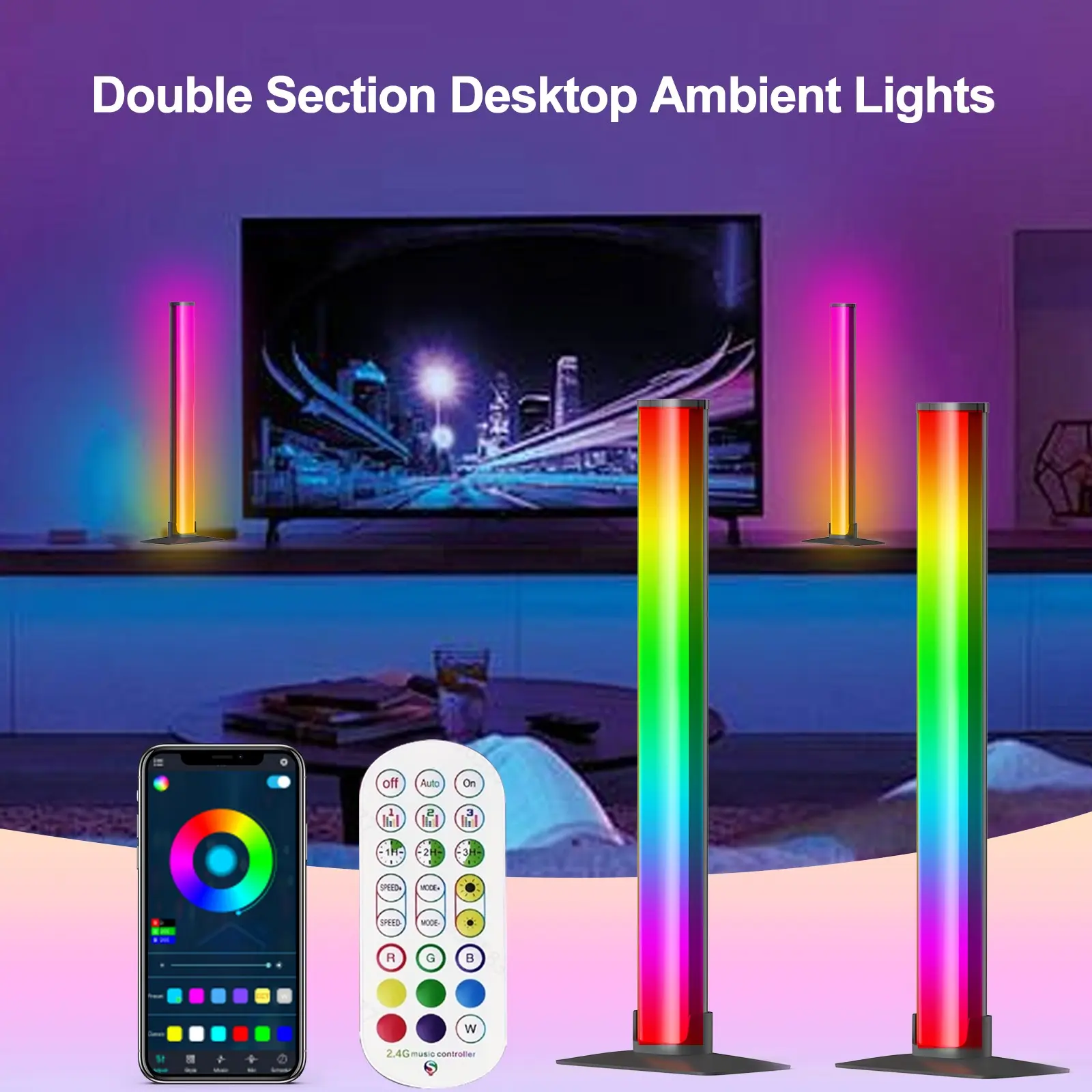 2 Pcs Desktop Immersive Ambient Lights, Rgbic Synced Music Lamp, 213 Dynamic Modes, APP Control, Remote, Battery-Free, Gaming Decor