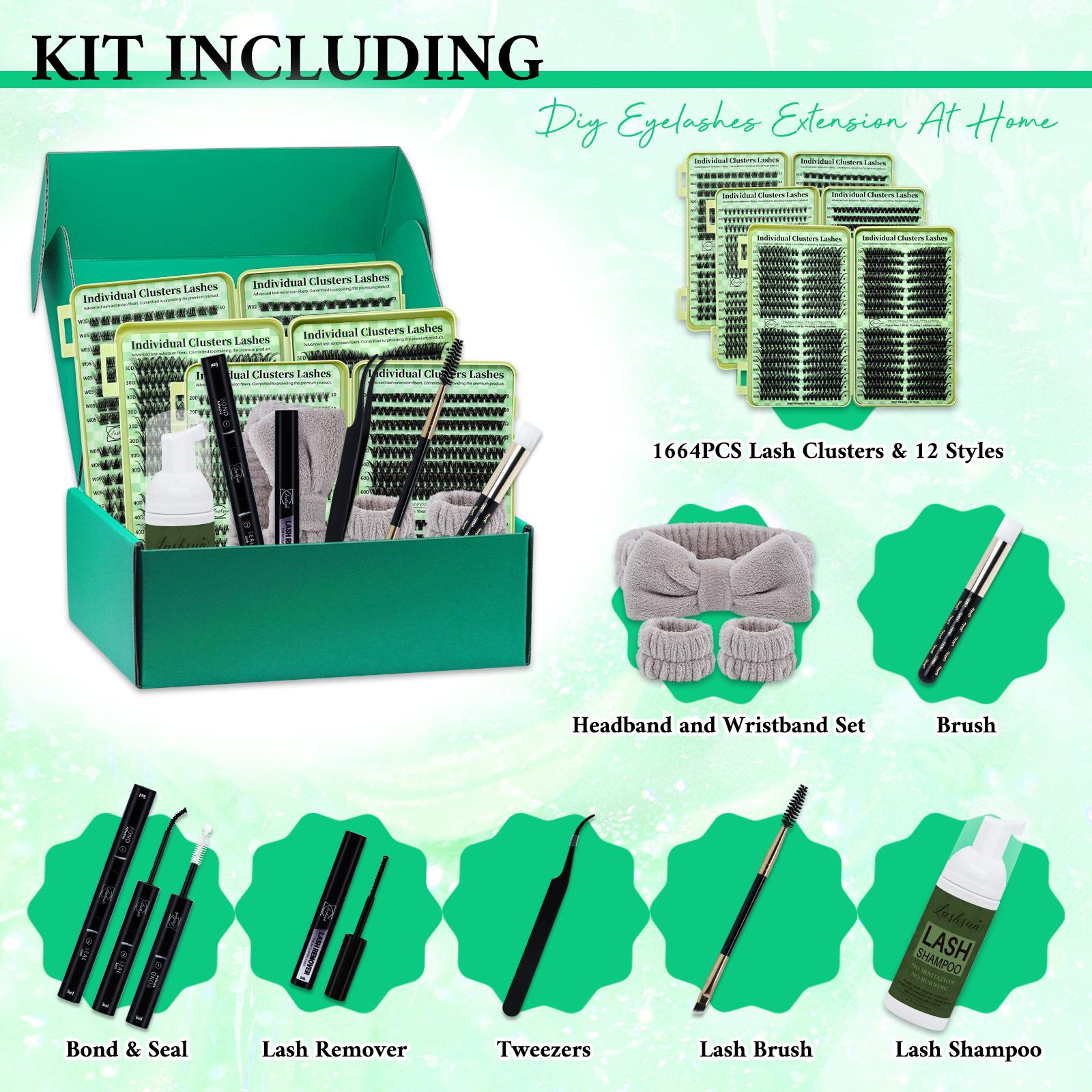 1664 PCS Lash Clusters Kit D Curl 12 Styles Cat/Volume Lashes Book Kit with Bond&Seal Lash Remover Brush Lash Applicator Headband Wristband set and Lash Shampoo&Brush, for Beginners&Proficient, DIY at Home Easily for Makeup Daily, Lashes Extension Set