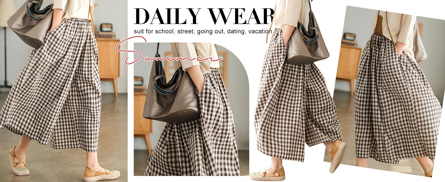 Chouyatou Women's Cotton Linen Pants Elastic Waist Plaid Gingham Wide Leg Capri Palazzo Pants SpringStatements