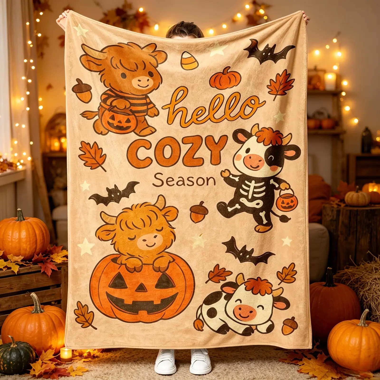 Cozy Season Highland Cow Flannel Blanket, Cute Cartoon Farm Animal Fall Throw Blanket with Pumpkin Bat Leaf Print, Soft Beige Fleece AC Blanket for Kids & Adults, Warm Lightweight Sofa Bed Blanket, Halloween Autumn Thanksgiving Home Decor Gift