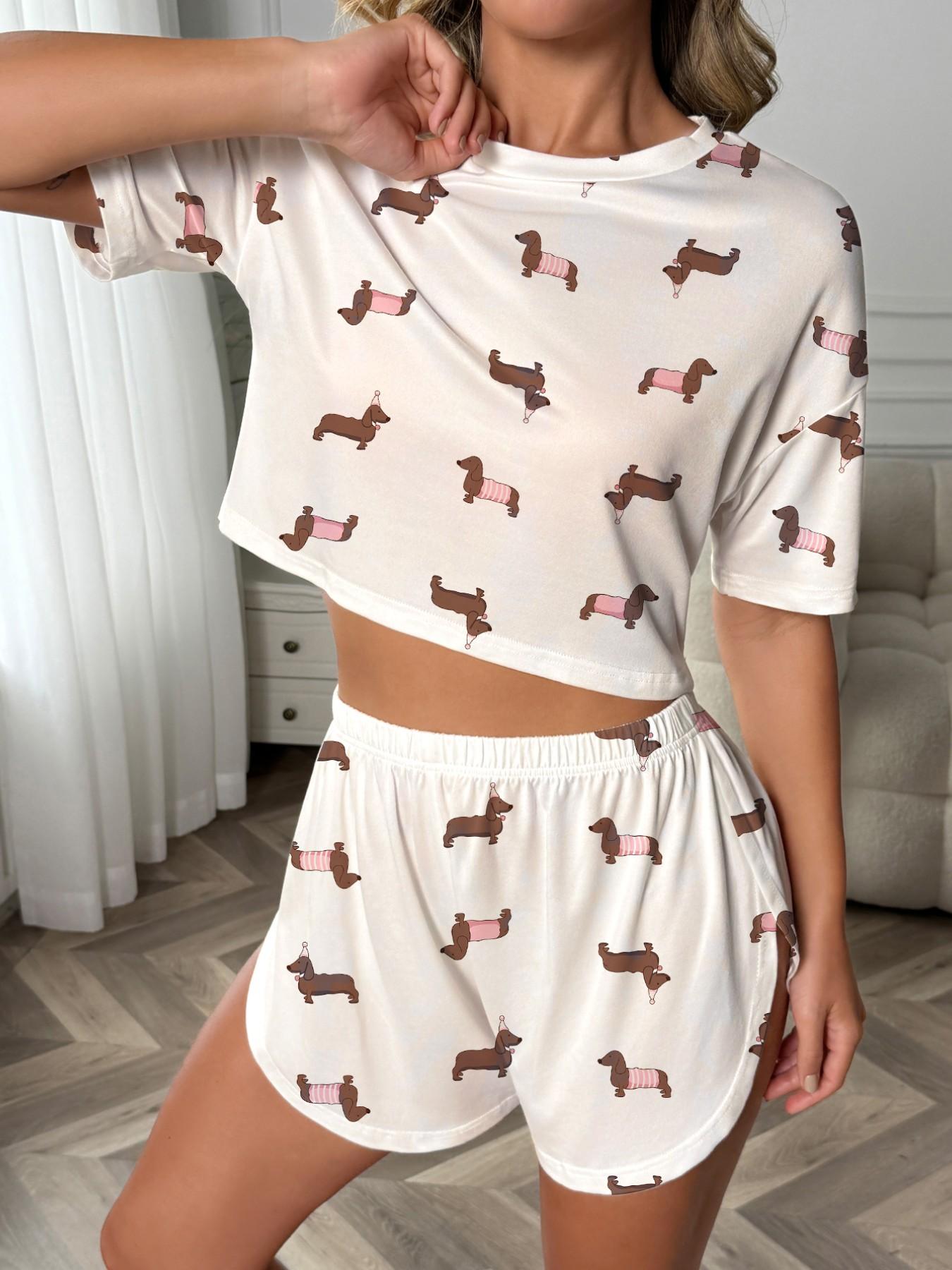 Women's 2-Piece Pajama Set, Casual Cute Weiner Dog Print, Loose-Fit Short Sleeve T-Shirt and Elastic Waist Shorts, Summer Sleepwear