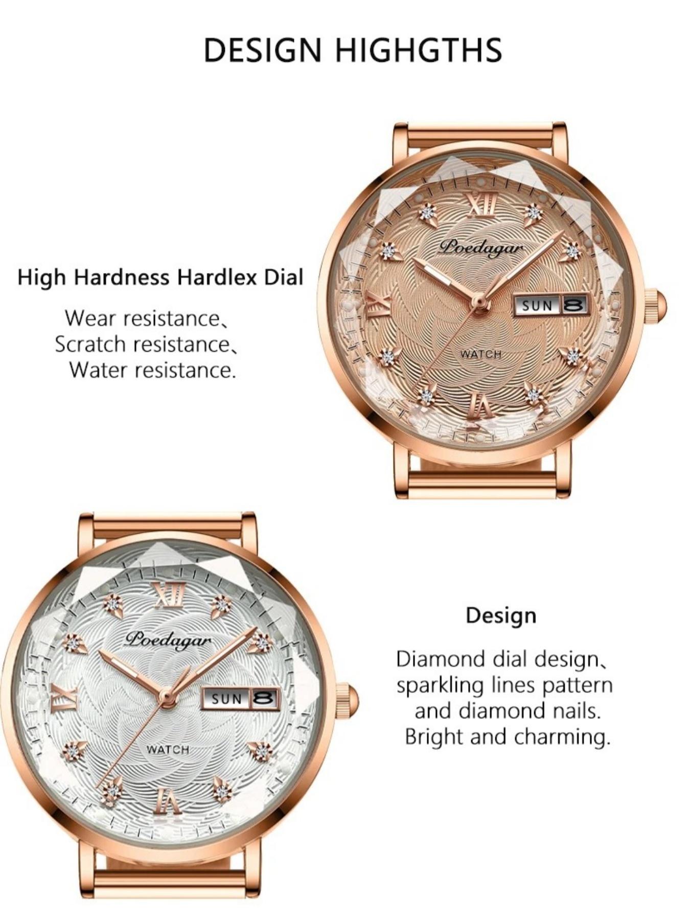 Poedagar Women's Watch Mesh Stainless Steel Rose Gold Simple Waterproof Luminous Women's Watch Casual Elegant Quartz Watch Luminous Pointer Watch Fashionable Stylish Watch