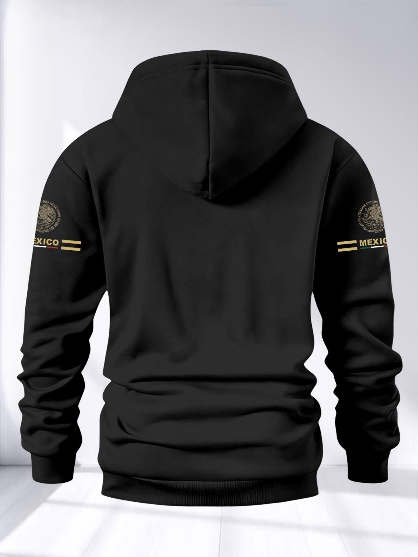 Men's Long Sleeve Hooded Fleece Sweatshirt, Mexican Pattern Print, Loose Fit Drop Shoulder Design, Casual Daily Wear, Comfortable Fashion Pullover