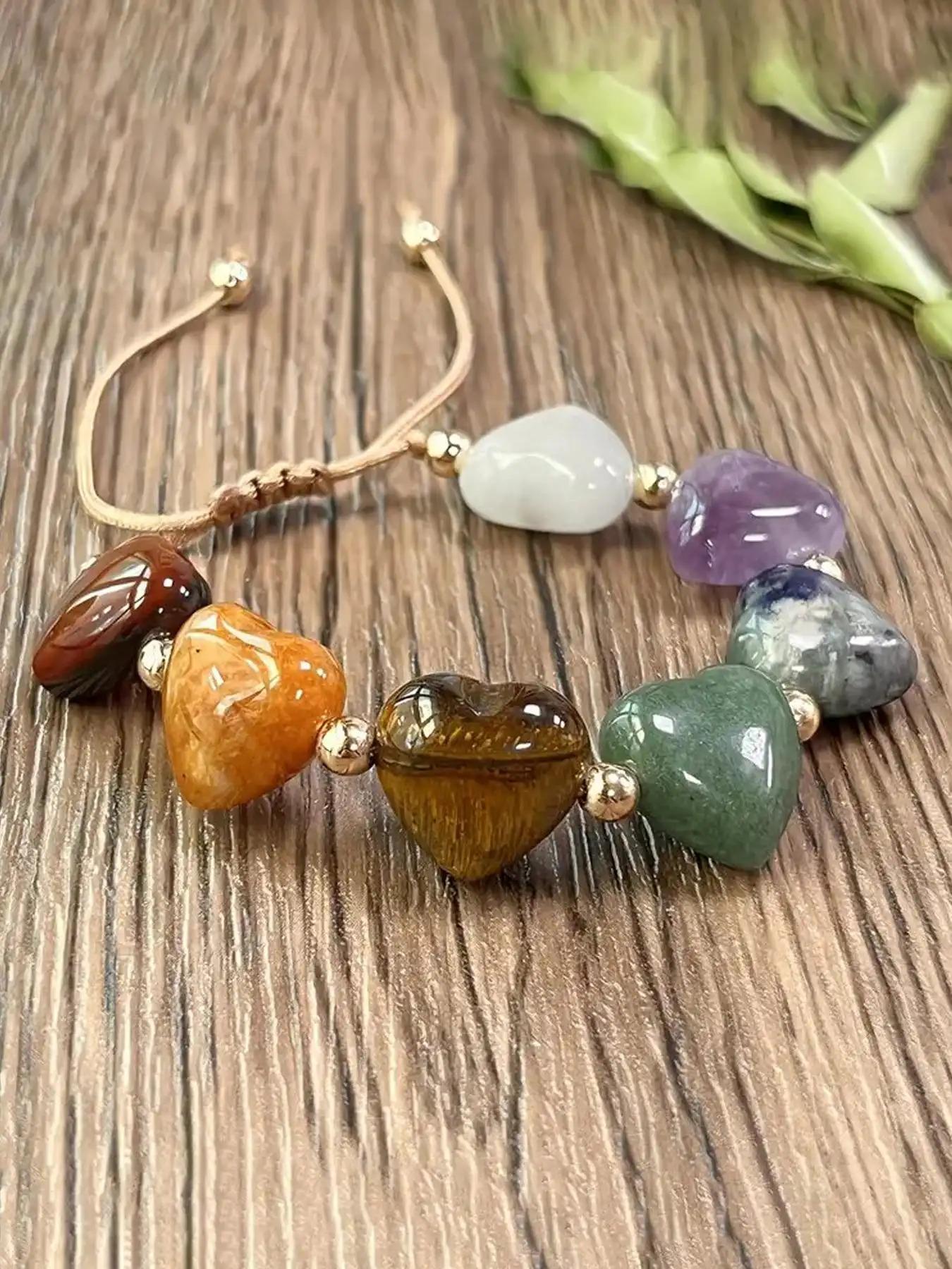 Bohemian Casual Seven-Color Heart Stone Beaded Adjustable Bracelet, Vintage Unisex Yoga Bracelet for Daily Wear