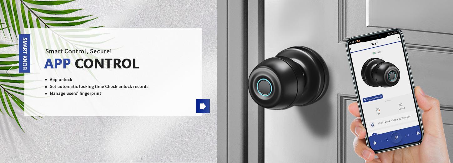 Valentine's Day Gift Fingerprint Door Lock, Smart Door Knob, Biometric Door knob with App Control, Easy to Install, Replaceable Battery, Up to 100 Thumbs, Suitable for Bedrooms, Cloakroom, Garage, Offices, Hotel-Black FathersDayGift