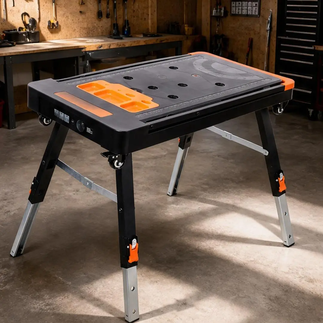 8-in-1 Multifunctional Folding Work Table with Wheels, Adjustable Height Steel Workbench for Garage, Workshop, and Home DIY Projects