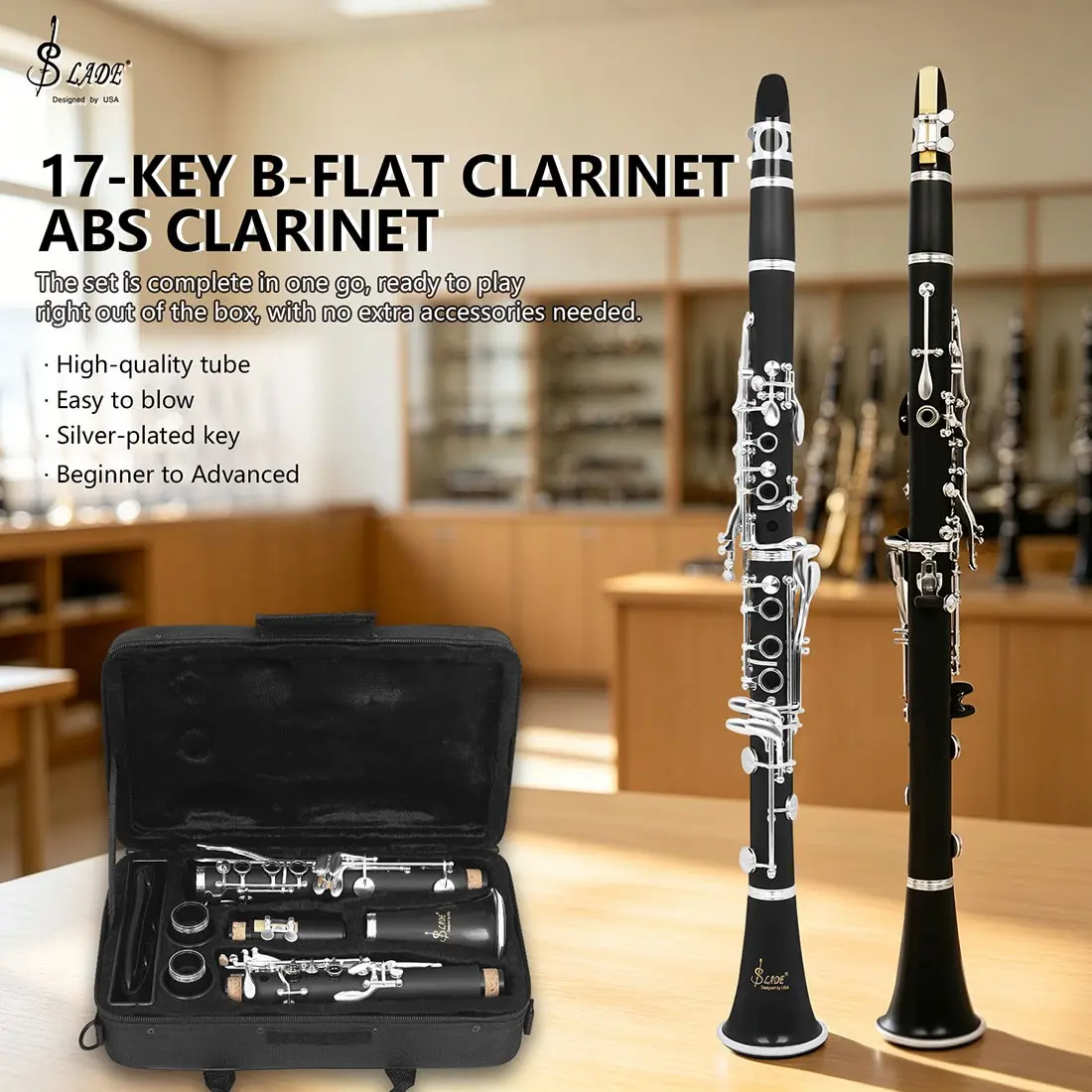 Slade Ldc830 Professional 17-Key Clarinet, Durable Abs Body, Silver Color Keys, Includes Original Slade Storage Bag, Ideal for Students and Beginners