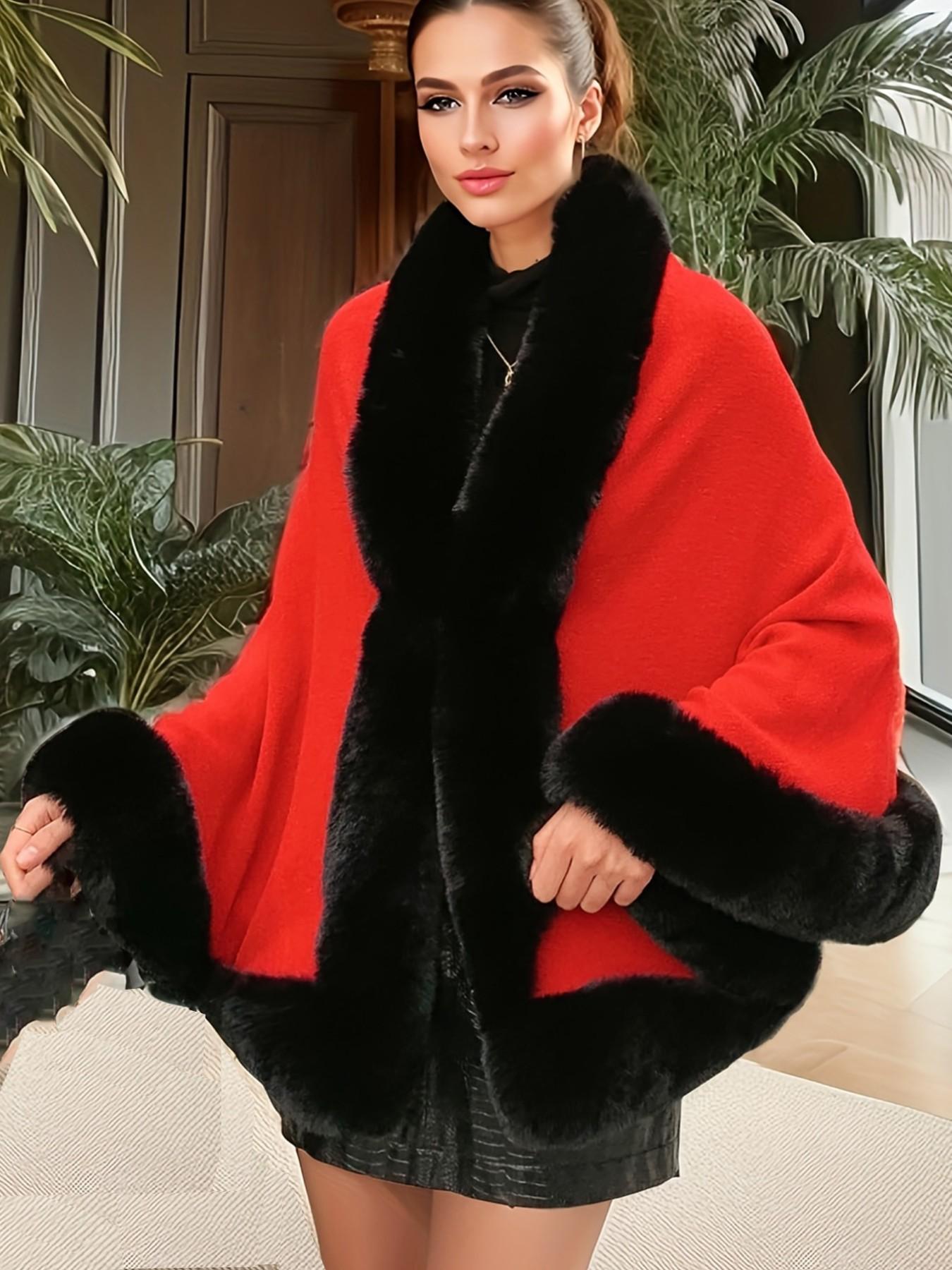 Women's Faux Fur Trim Shawl Cape, Comfortable Acrylic Knit Winter Outerwear, Perfect for Parties Weddings Evening Dresses, Elegant Gift