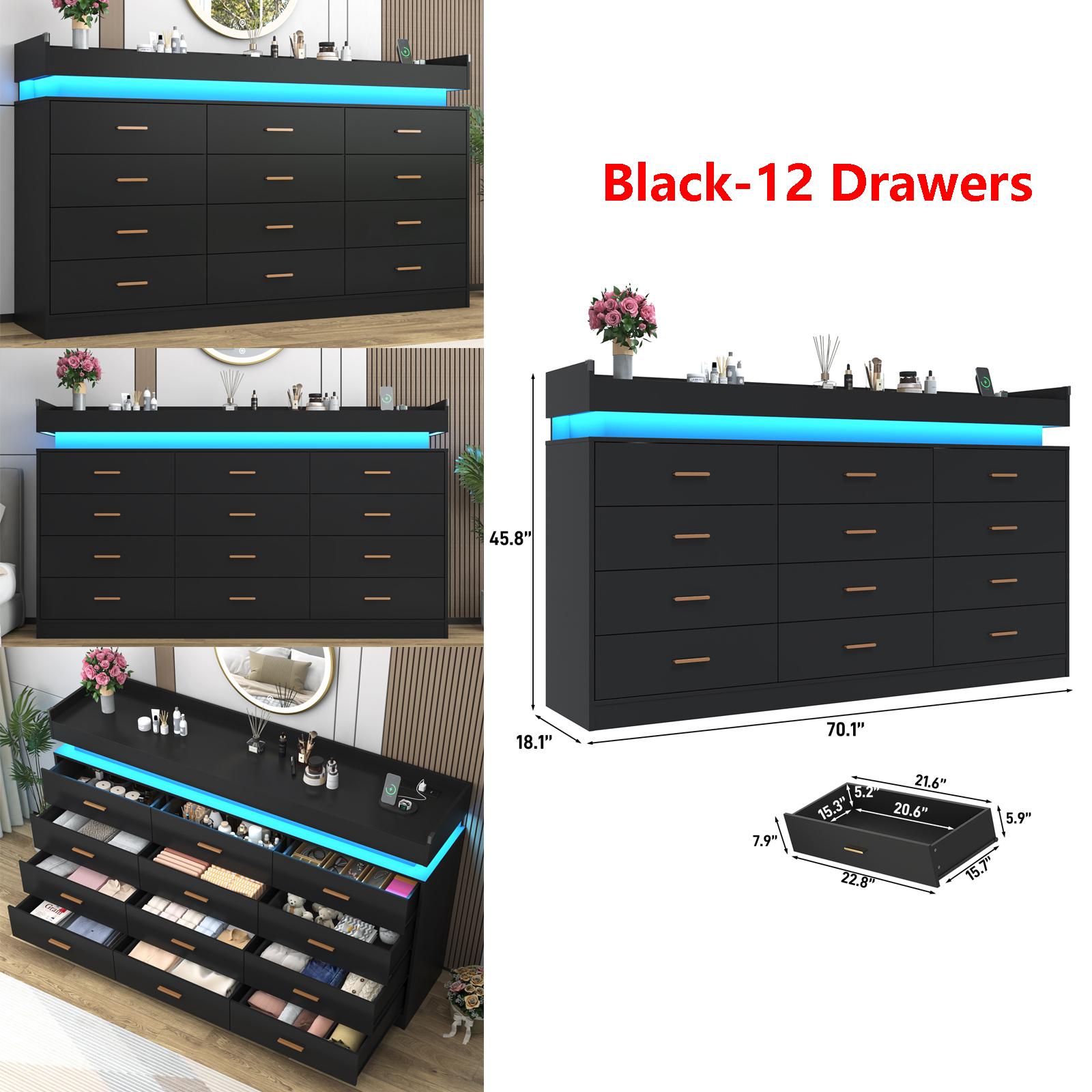 Dresser with LED Light and Charging Station, Modern Chest of Drawers for Closet, Wide Drawer Organizer Cabinet for Bedroom, Living Room, Entryway, Hallway
