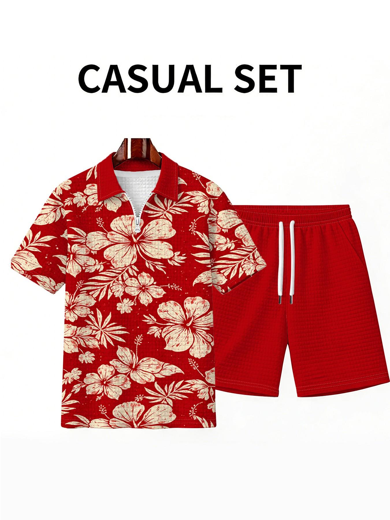 Men's Base Vintage Jasmine Print Waffle Texture Polo Set, Large Size Zipper Blouse, Summer Casual Breathable Beach Wear