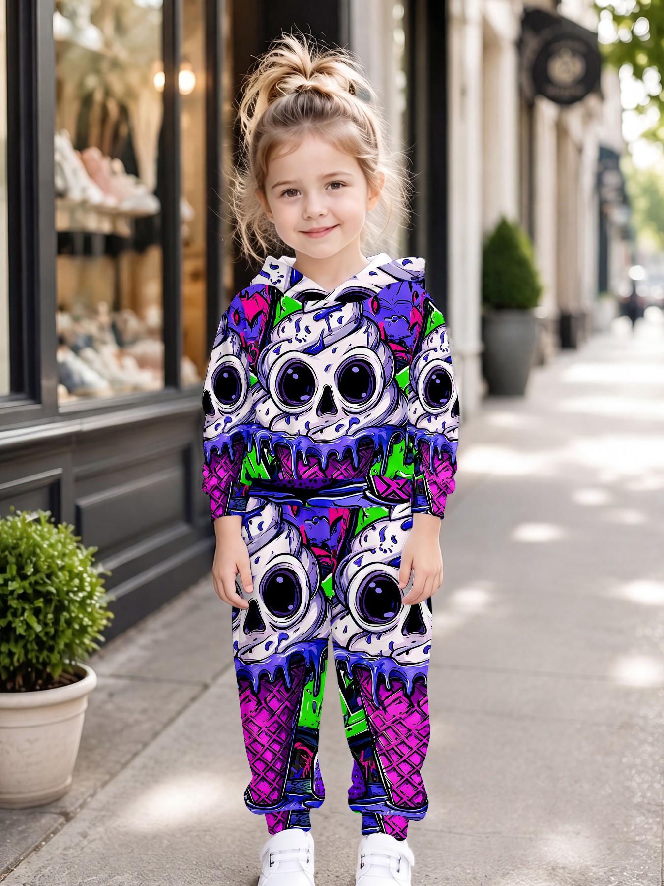 Boys' Creative Skull Ice Cream Full Print Set, Long Sleeve Loose-Fit Sweatpants, Casual Fall & Winter, All over Print Design