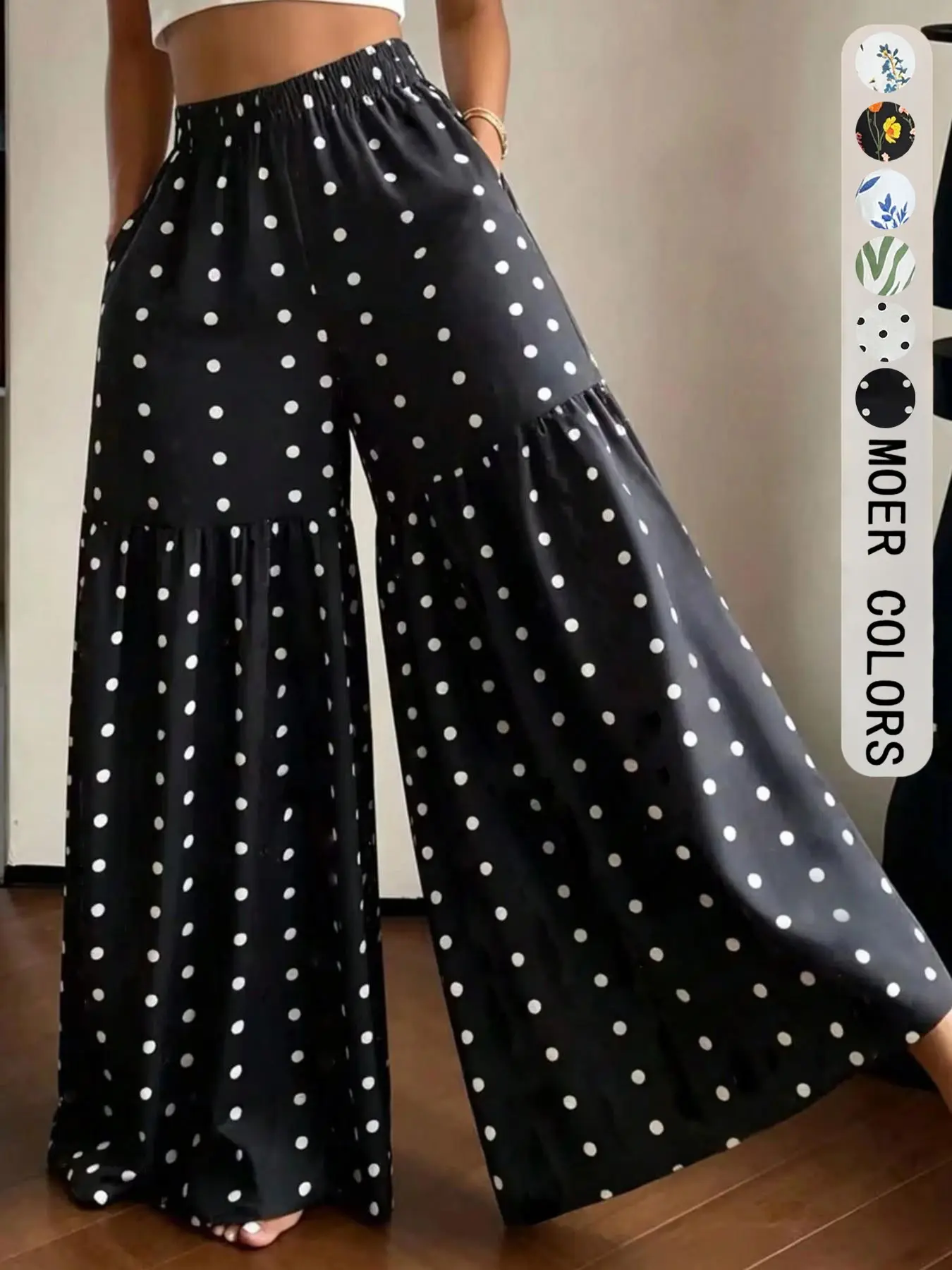 Elegant Polka Dot Print Flare Leg Pants for Women, Comfortable Loose Fit, Casual Style, All Seasons, Perfect for Vacations and Leisure Wear