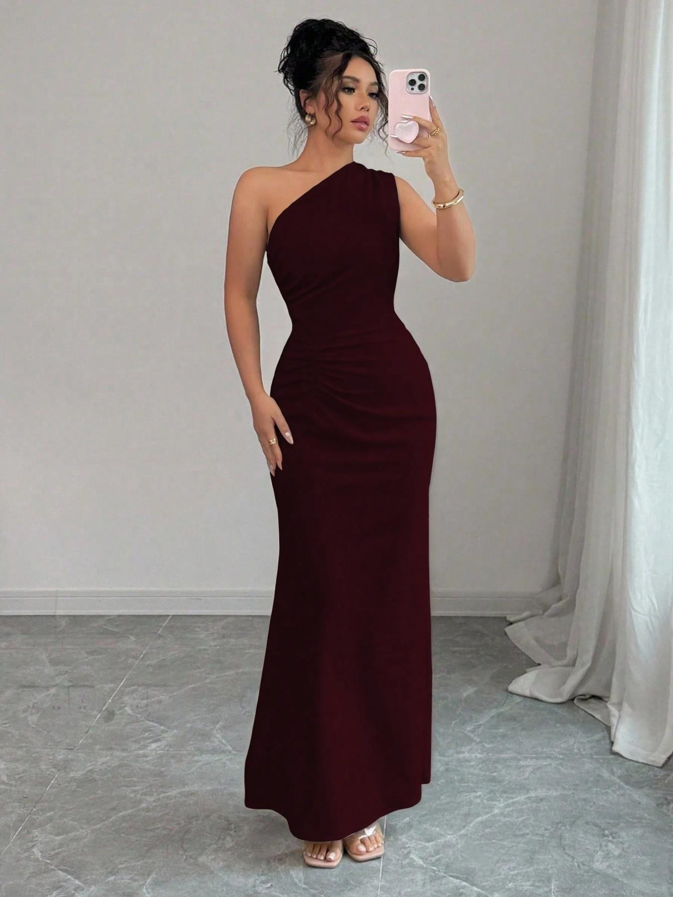 Burgundy One Shoulder Ruched Mermaid Long Dress for Women, Elegant Bodycon Fit Dress Formal Gown Formal Wear for Graduation Proms, Wedding Guests, Evening Events - TikTok Shop Burgundy One Shoulder Ruched Mermaid Long Dress for Women, Elegant Bodycon Fit Dress Formal Gown Formal Wear for Graduation Proms, Wedding Guests, Evening Events - TikTok Shop