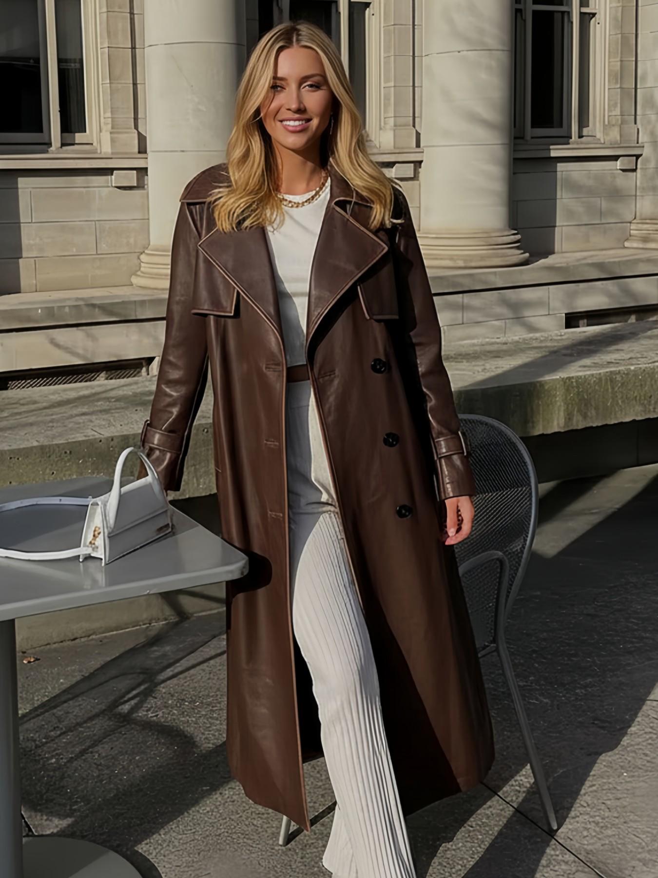Women's Spring British Style PU Long Jacket, Casual Fitted Windbreaker, Lightweight Elegant Commuter Coat, Includes Waistband