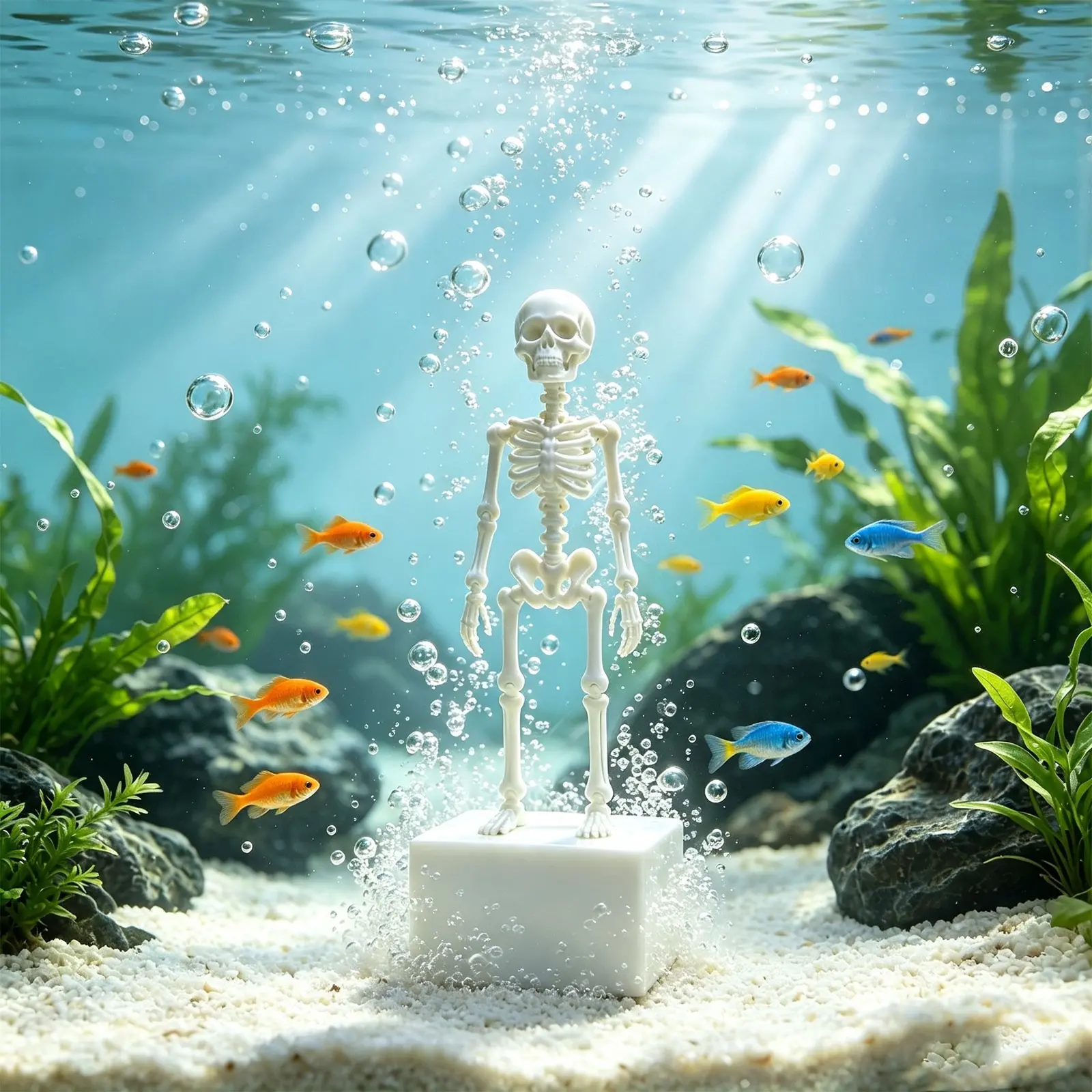 Air-Driven Movable Skeleton Aquarium Ornament with Flexible Joints, Figurine for Aquatic Decor, Press Forming Design, No Precious Metal Plating