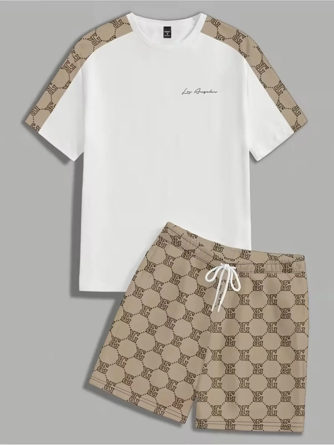 【Black Friday】Men's Streetwear Casual Print Tee and Short Pants Set, Ideal Gift for Men and Teens, Geometric Pattern, Fitted Crop Top, Drawstring Shorts, Fitted Set Outfit