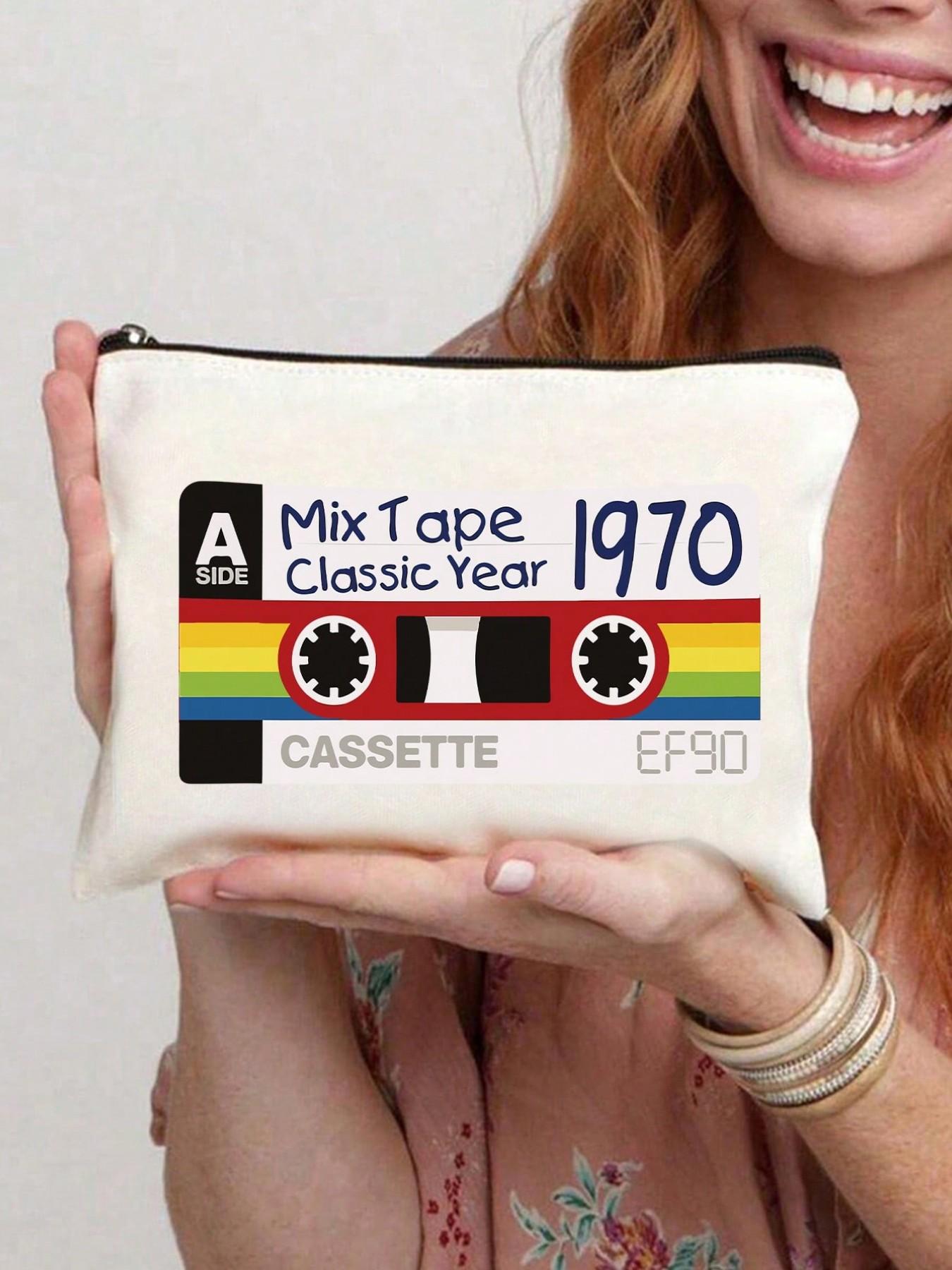 Vintage Tape Pattern Makeup Bag, Reusable Travel Organizer, Portable Vanity Case, Perfect Gift for Music Lovers, Multifunctional Storage