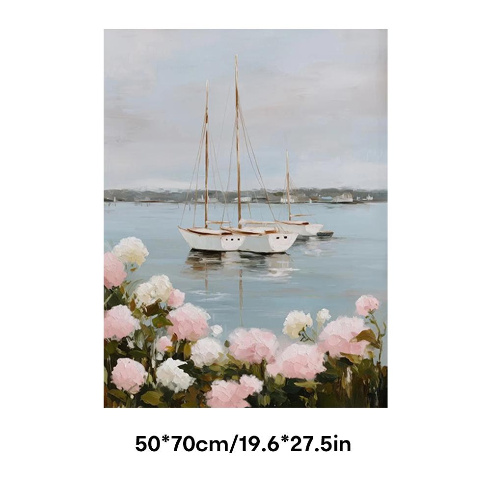 Travel Wall Art, Sailboats On Lake With Hydrangea Poster, Coastal Oil Painting Style Printing, Soft Blue Pink Canvas Decoration, Living Room & Bedroom Aesthetic, Perfect Housewarming Gift, Framed.