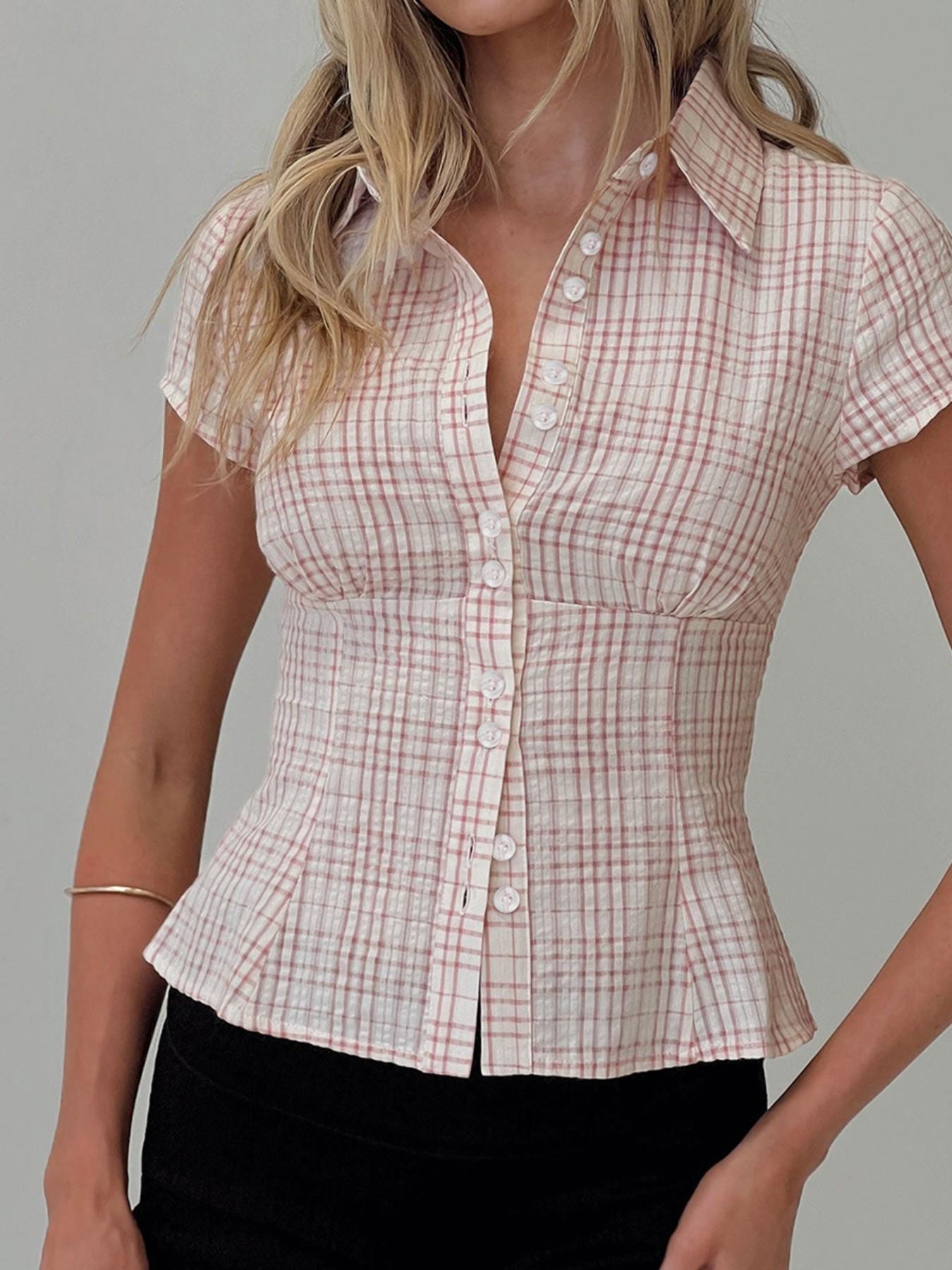 Women's Plaid Print Curved Hem Short Sleeve Casual Fitted Collared Blouse, Button Up Shirt, Casual Bishop Sleeve Top for Summer, Ladies Clothes for Daily Wear