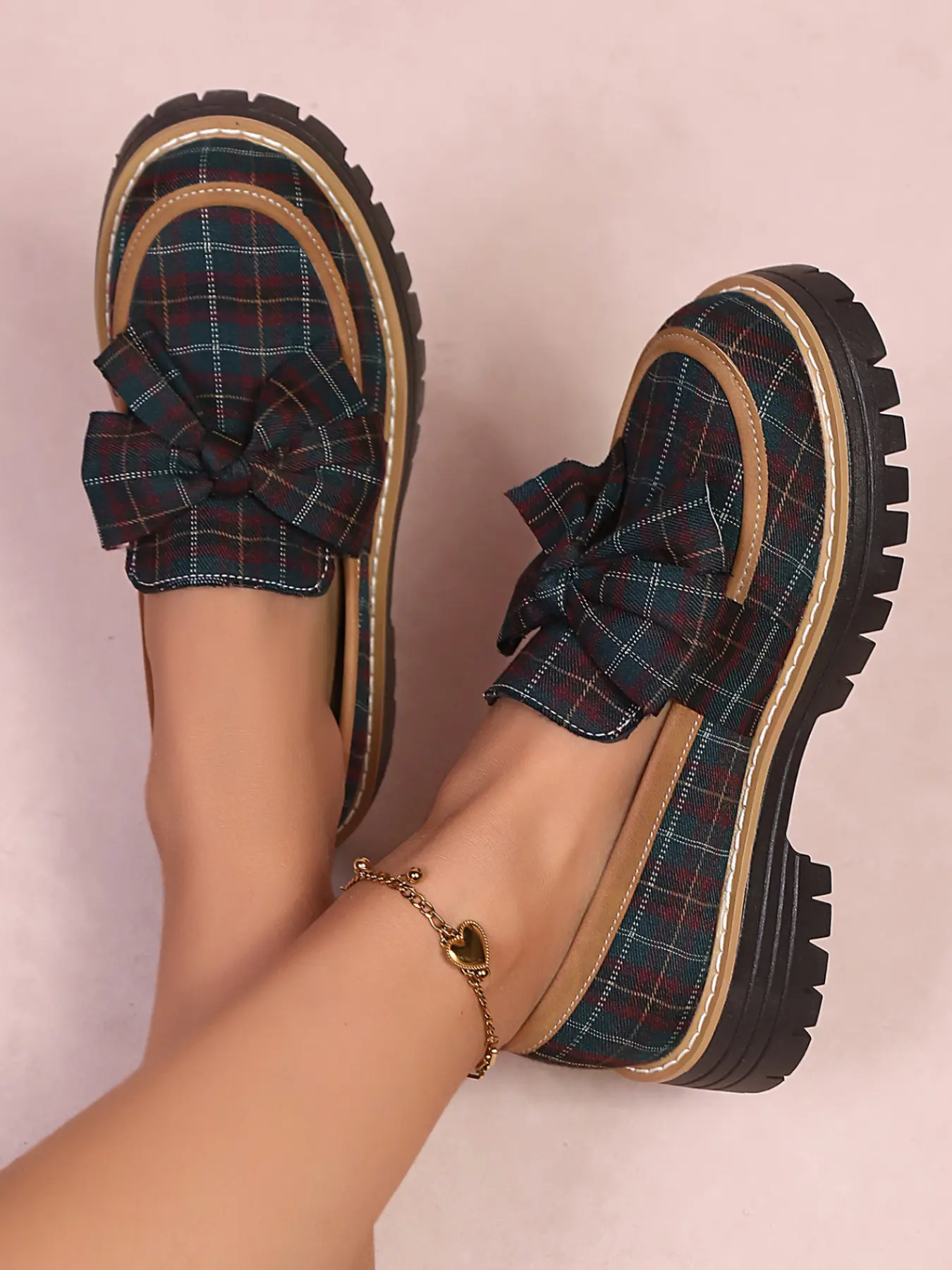 Women's Loafers, College Girl Style Plaid Fabric Bow Single Shoes, Short Heel Thick Sole, Casual Spring & Fall Footwear