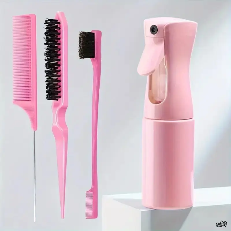 4‑Pack Heat‑Free Hair Styling Tool Kit, Haircare Set With Spray Bottle Straight Back Comb Edge Control Brush, Heatless Curls Sleek Hairstyle for Daily Salon Use