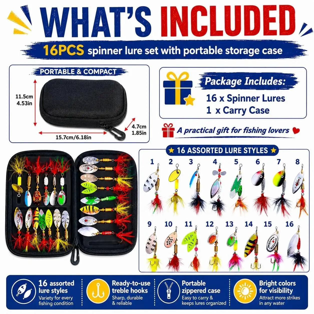 16pcs Fishing Spinner Lure Set with Storage Bag, Spoon Baits for Bass & Trout, Portable Fishing Tackle Kit, Ideal for Anglers