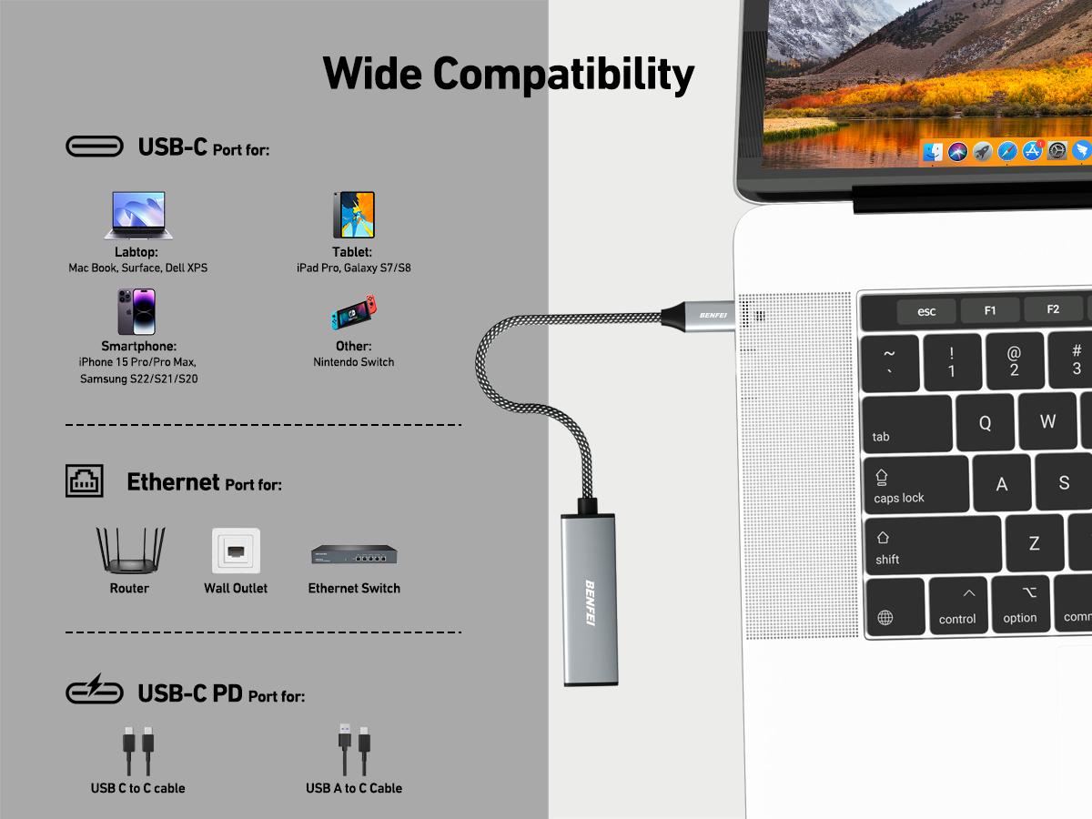 BENFEI USB-C to Ethernet Gigabit Adapter with 100W Power Delivery, Thunderbolt 3/4 to RJ45 Ethernet LAN Network Adapter BENFEI USB-C to Ethernet Gigabit Adapter with 100W Power Delivery, Thunderbolt 3/4 to RJ45 Ethernet LAN Network Adapter