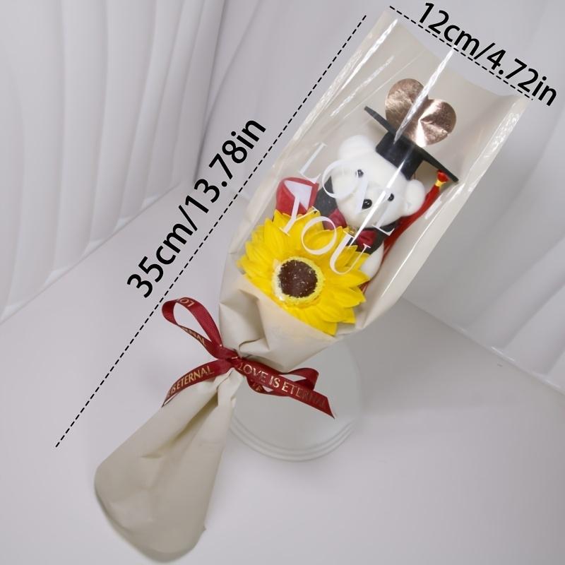 3pc Golden Heart Wrapped Teddy Bear with Graduation Cap Bouquet, Artificial Sunflower Bouquet, a Gift for Friends, Classmates, or Girlfriends during Graduation Season