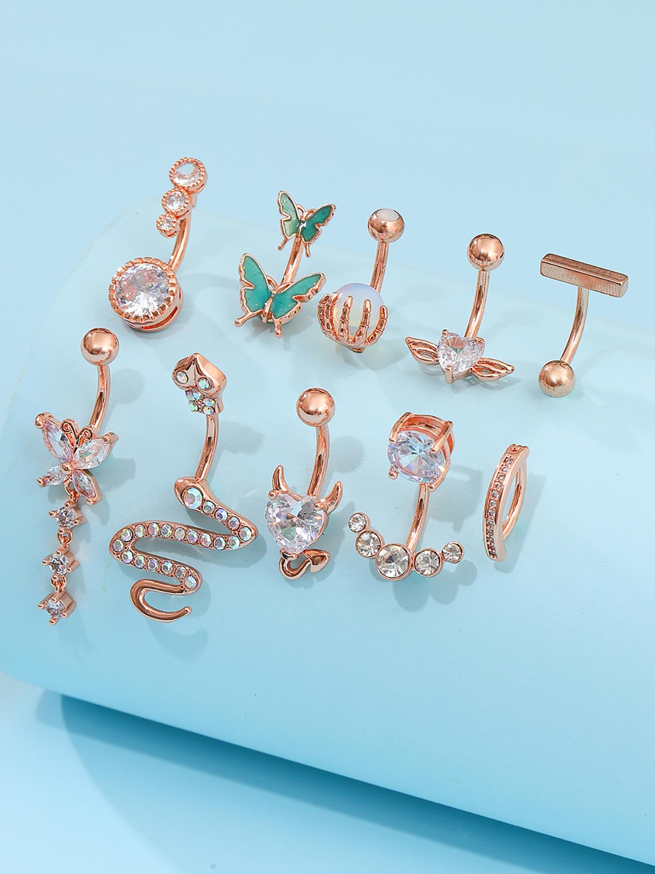 Women's Spring Rhinestone Butterfly & Snake Shape Belly Ring As Gift, Body Piercing Body Jewelry Set, Navel Piercing Jewelry, Maximalist Jewelry, Classic Belly Button Rings Accessories for Daily Wear Back To School, Body Jewellery