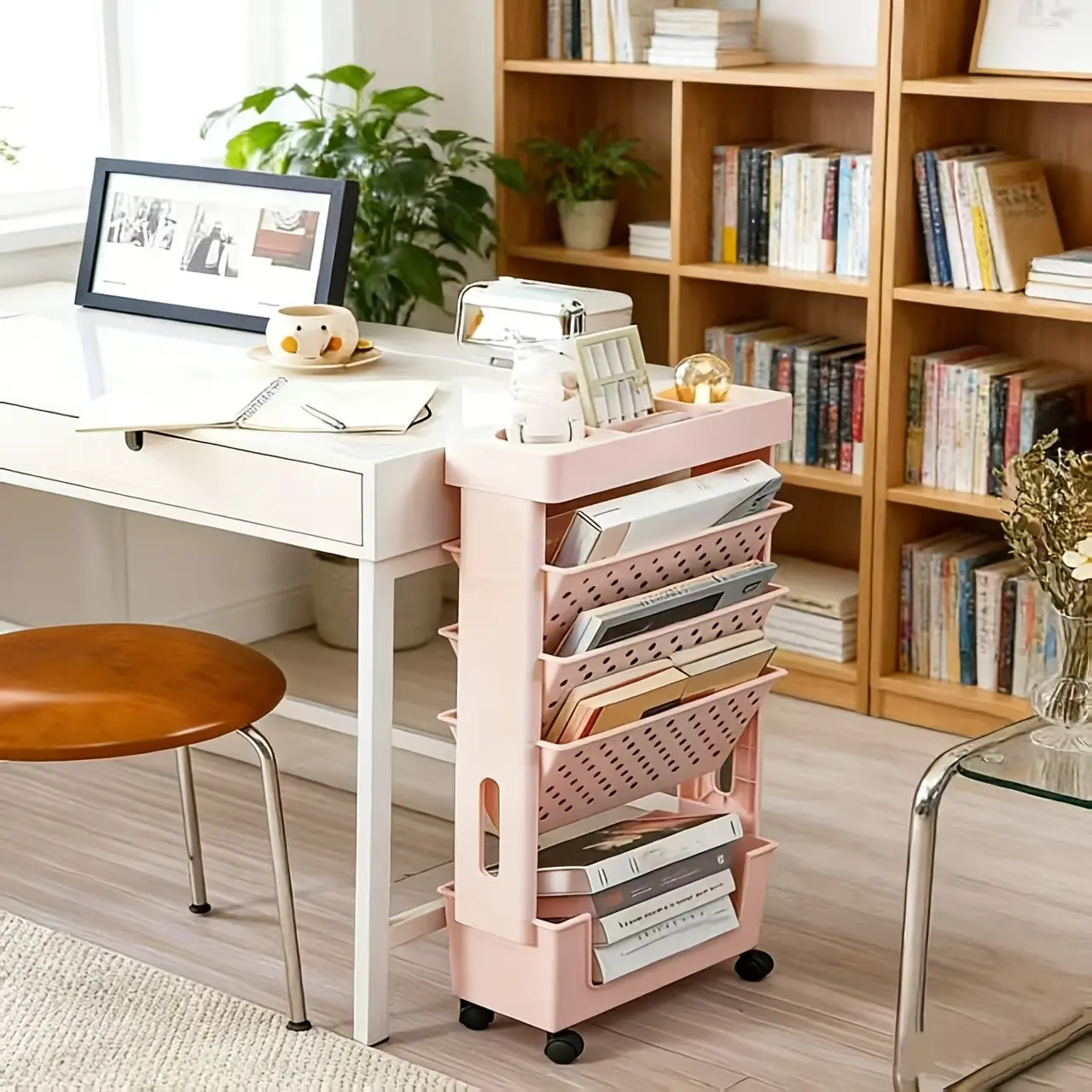 5-Tier Perforated Mobile Bookshelf with Wheels - Plastic Stackable Storage Rack for Home Office, Classroom, Dorm - Multi-Layer Book & Magazine Organizer Cart
