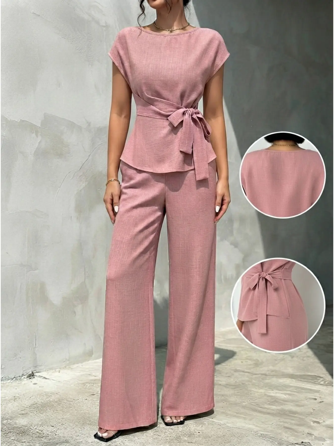 Women's 2-Piece Set, Elegant Office Casual Plain Solid Pleated Adjustable Waist Bow Shirt + High-Waisted Wide Leg Pants, Spring & Fall