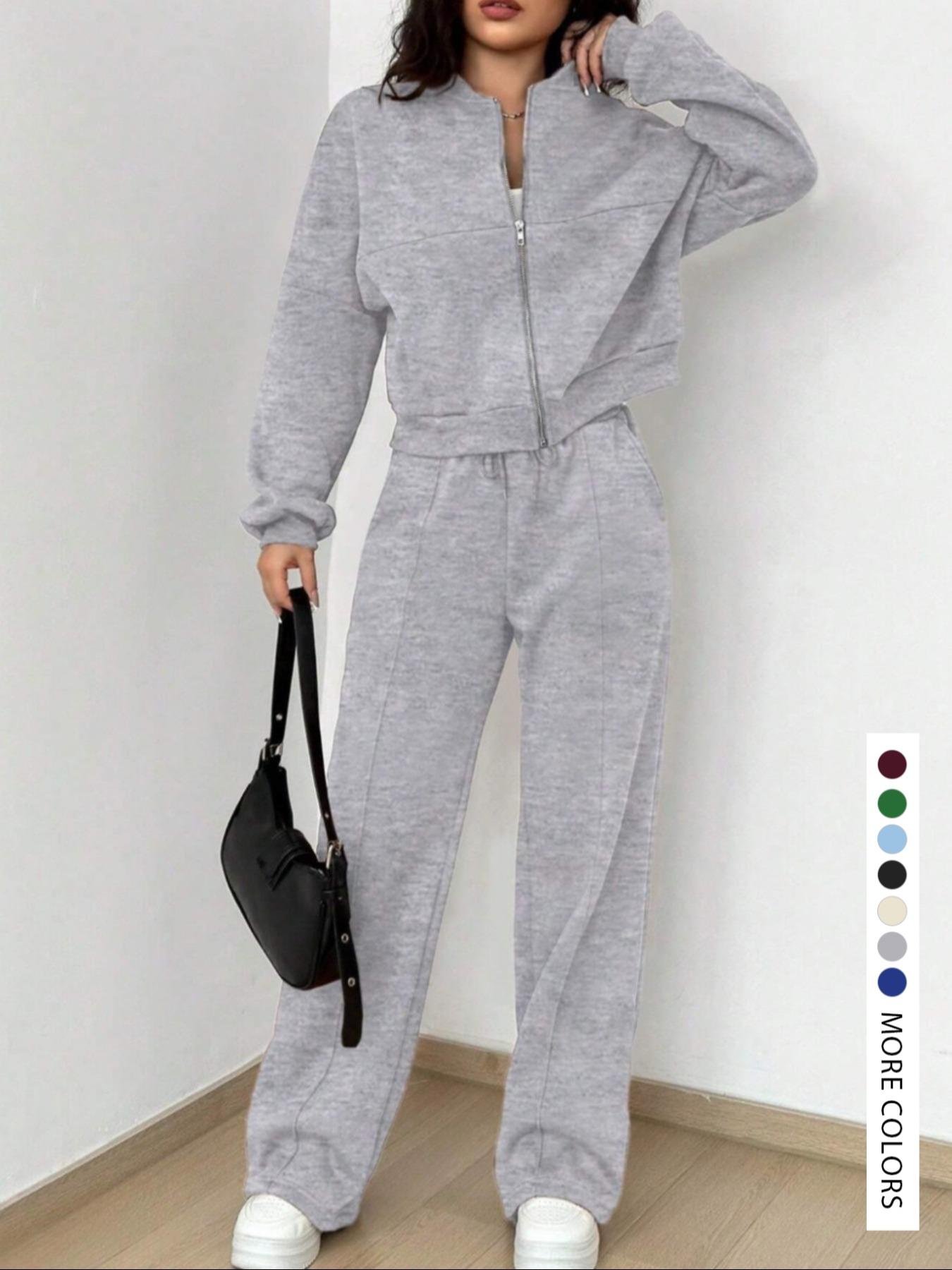 Modest Two-Piece Women's Solid Color Zip Jacket and Drawstring Pocket Pants, Comfortable Breathable Casual for All Seasons,Airport Outfit