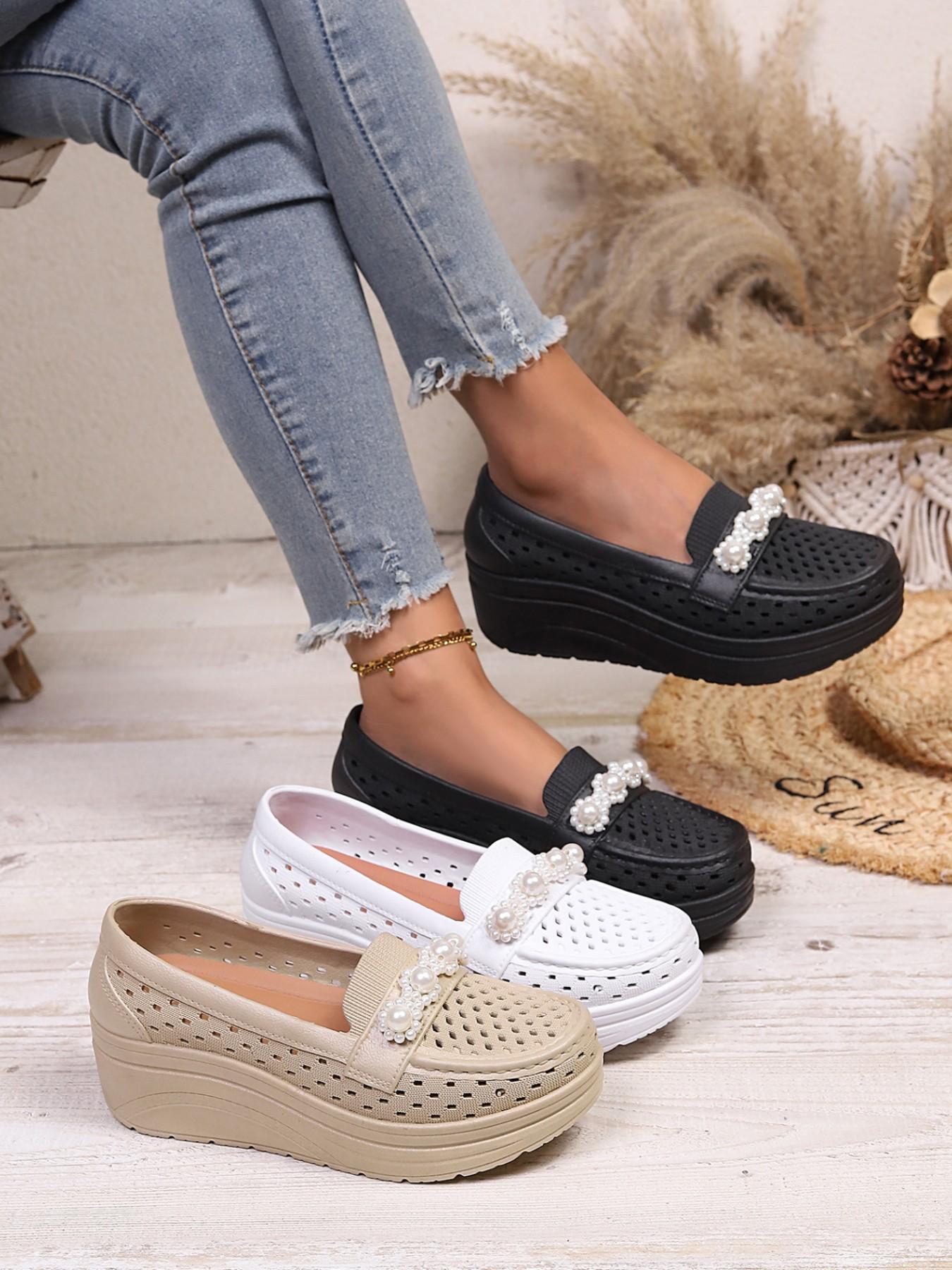 Summer New Metal Buckle, Bowknot, Pearl Decorative Hollow Out Breathable Platform Shoes, Thick Sole Heeled Loafers, Slip-On Lazy Shoes