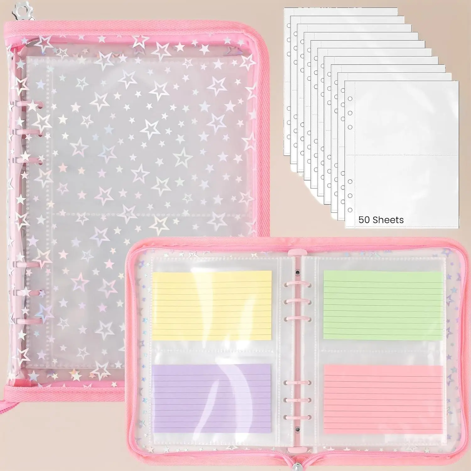 Zipper 3*5 Index Card Binder Organizer |   50 Plastic Sleeves Hold 200 Index Flash Cards Portable Storage Book