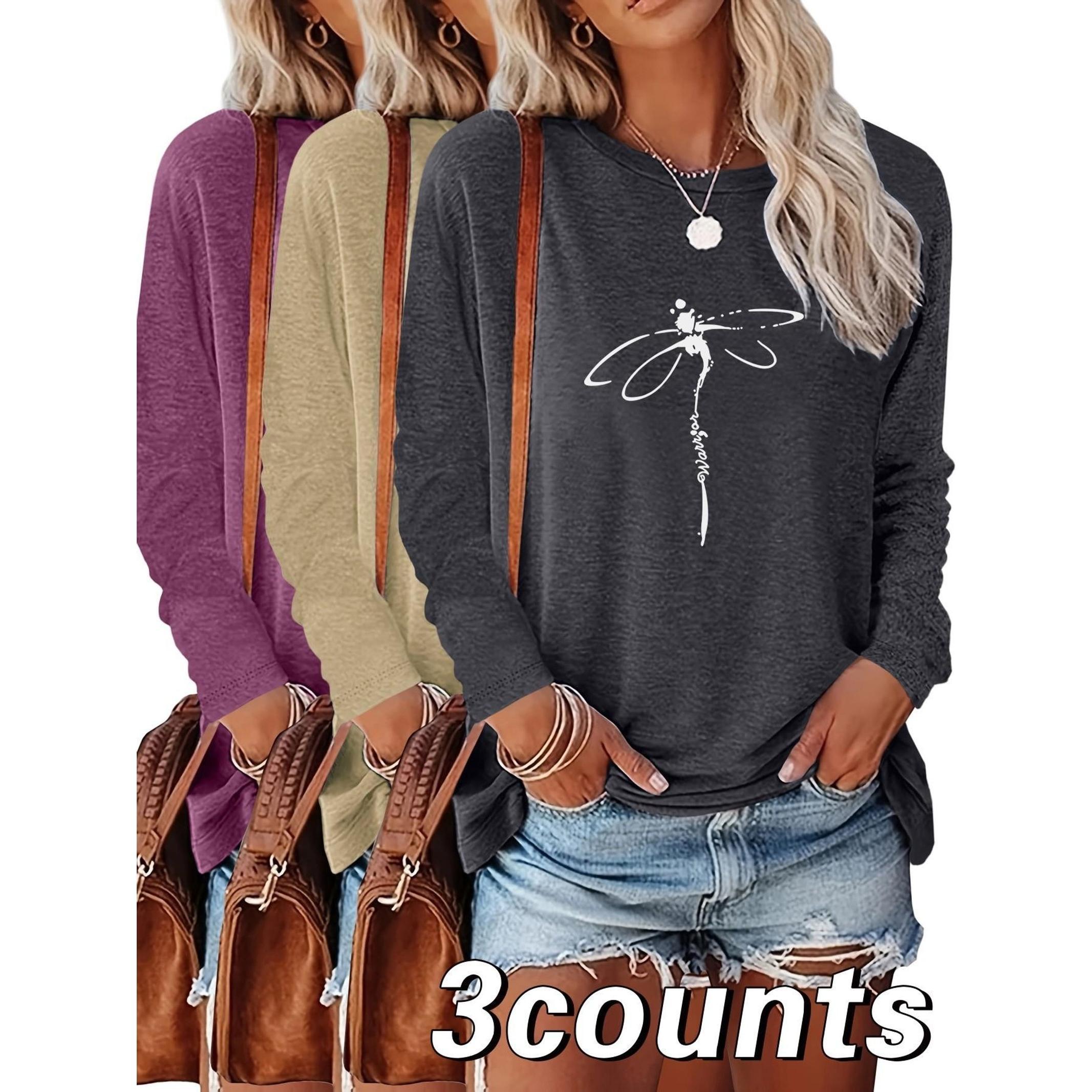 Women's Dragonfly Print Round Neck Tee, Casual Long Sleeve Crew Neck T-Shirt for Summer, Fashion Women's Top for Daily Wear, Everyday
