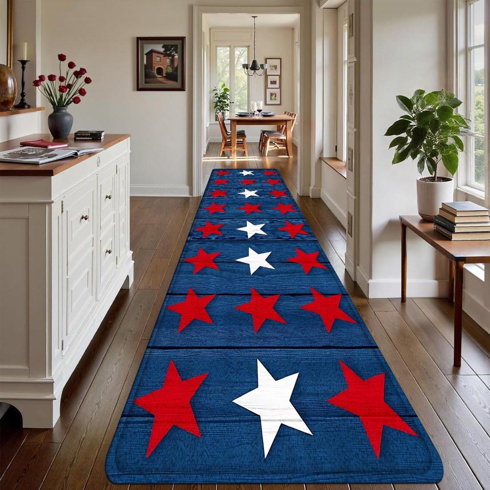 1PC， Red and White Stars on Blue Background Patterned strip rugs, home décor, bathroom mats, entryway mats, bathroom non-slip mats, indoor entrance rugs, bedroom bedside mats, kitchen mats, hallway rugs, flannel sponge rugs, hallway runner rugs