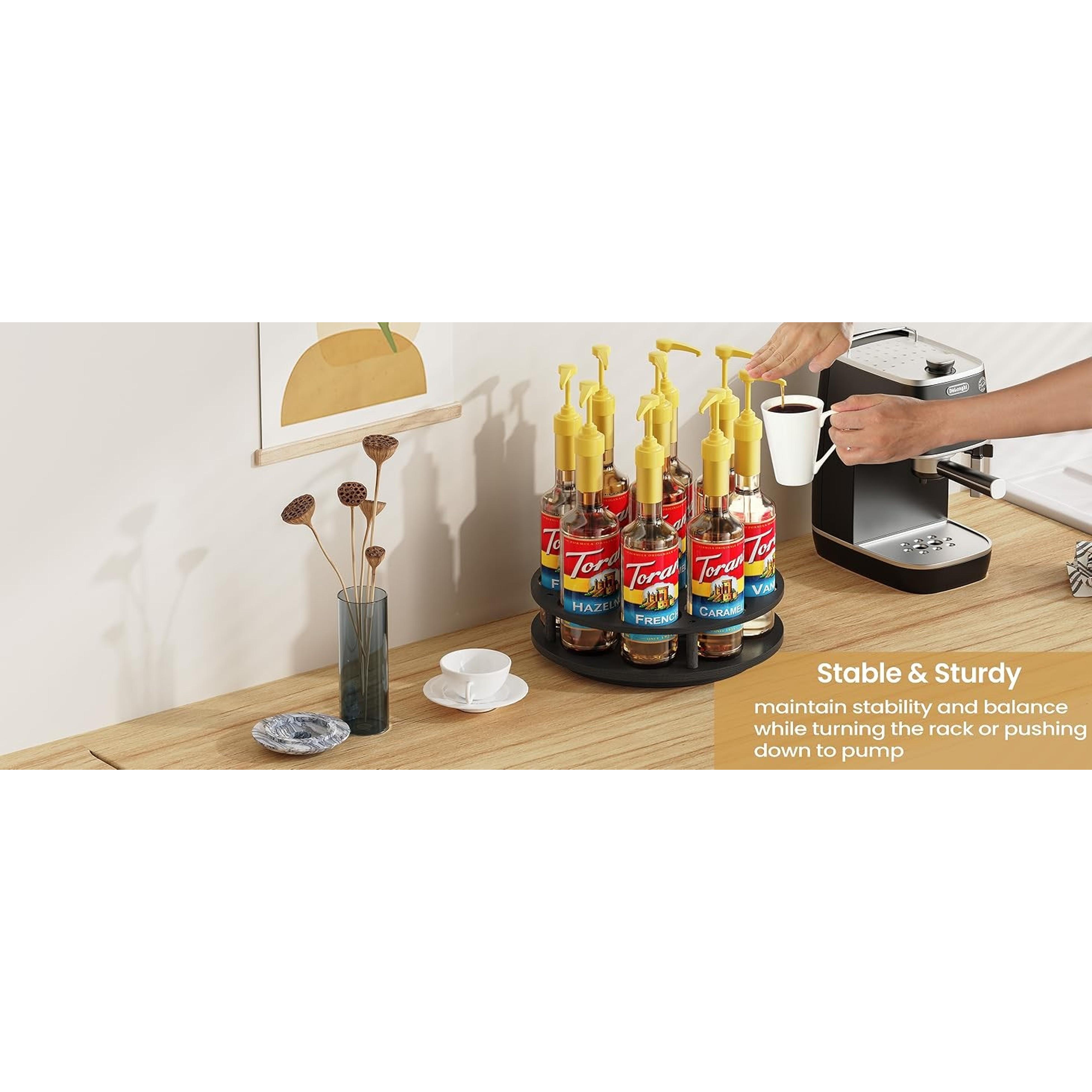 Rotating Coffee Syrup Organizer for Countertop, 9-Bottle Wooden Syrup Rack & Bottle Holder for Coffee Bar Station, Turntable Display Stand, Black