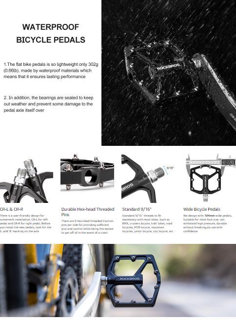ROCKBROS Mountain Bike Pedals MTB Pedals Bicycle Flat Pedals Aluminum 9/16" Sealed Bearing Lightweight Platform for Road Mountain BMX MTB Bike