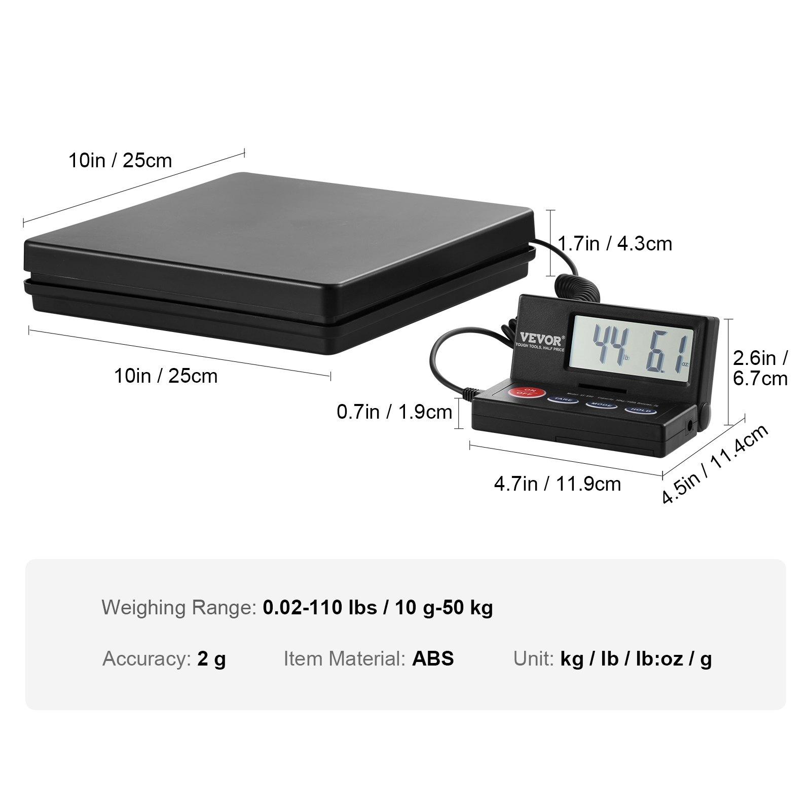VEVOR Digital Shipping Scale, 110 lbsx 0.07 oz. Heavy Duty Postal Scale with Timer, Tare, Hold Function, 90 Foldable LCD Screen Package Scale for Laggage, Home, Post Office, AC/DC Powered, FCC Liste, Abs Plastic, Foldable Screen